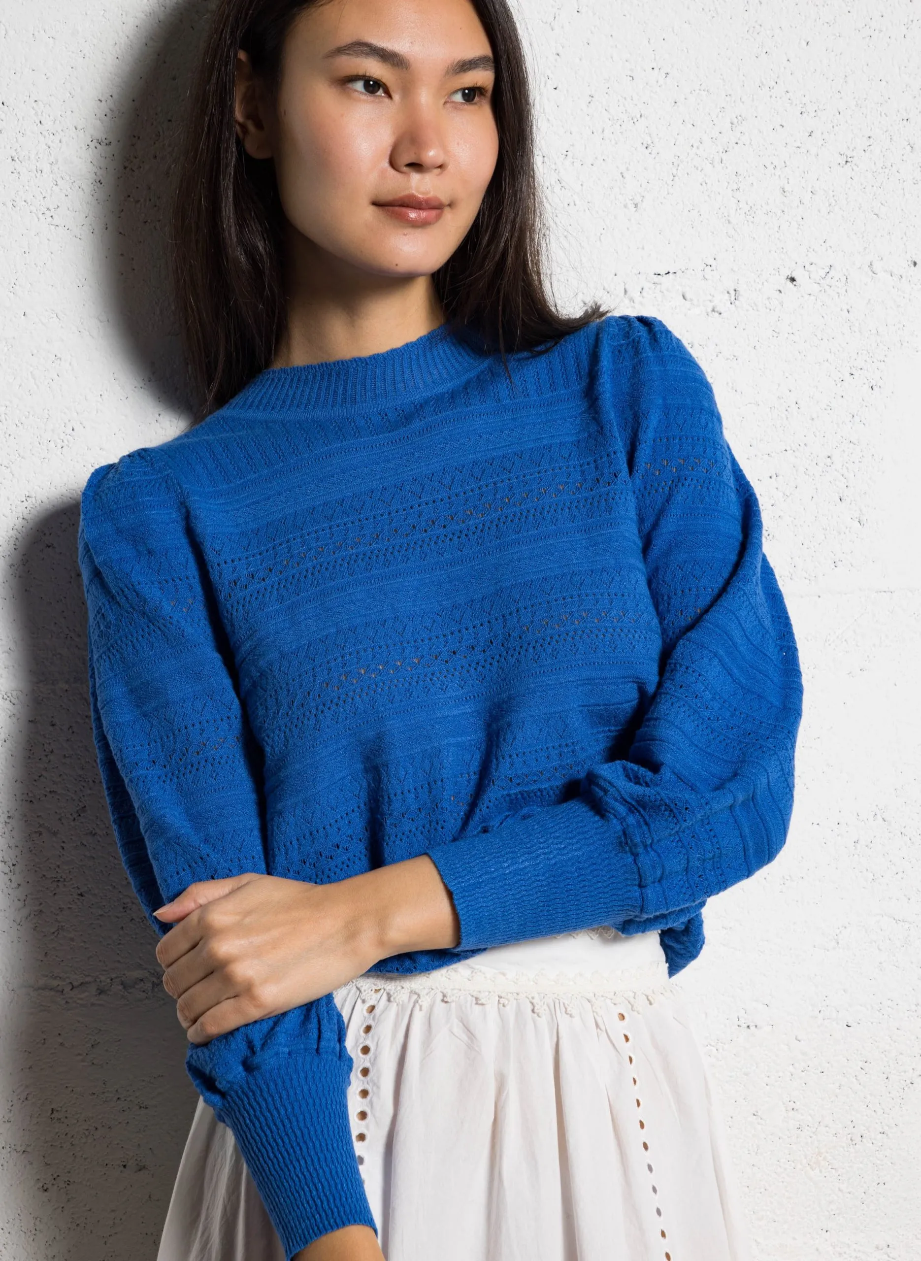 Gerade geschnittener Ajour-Strickpullover Blau MILET