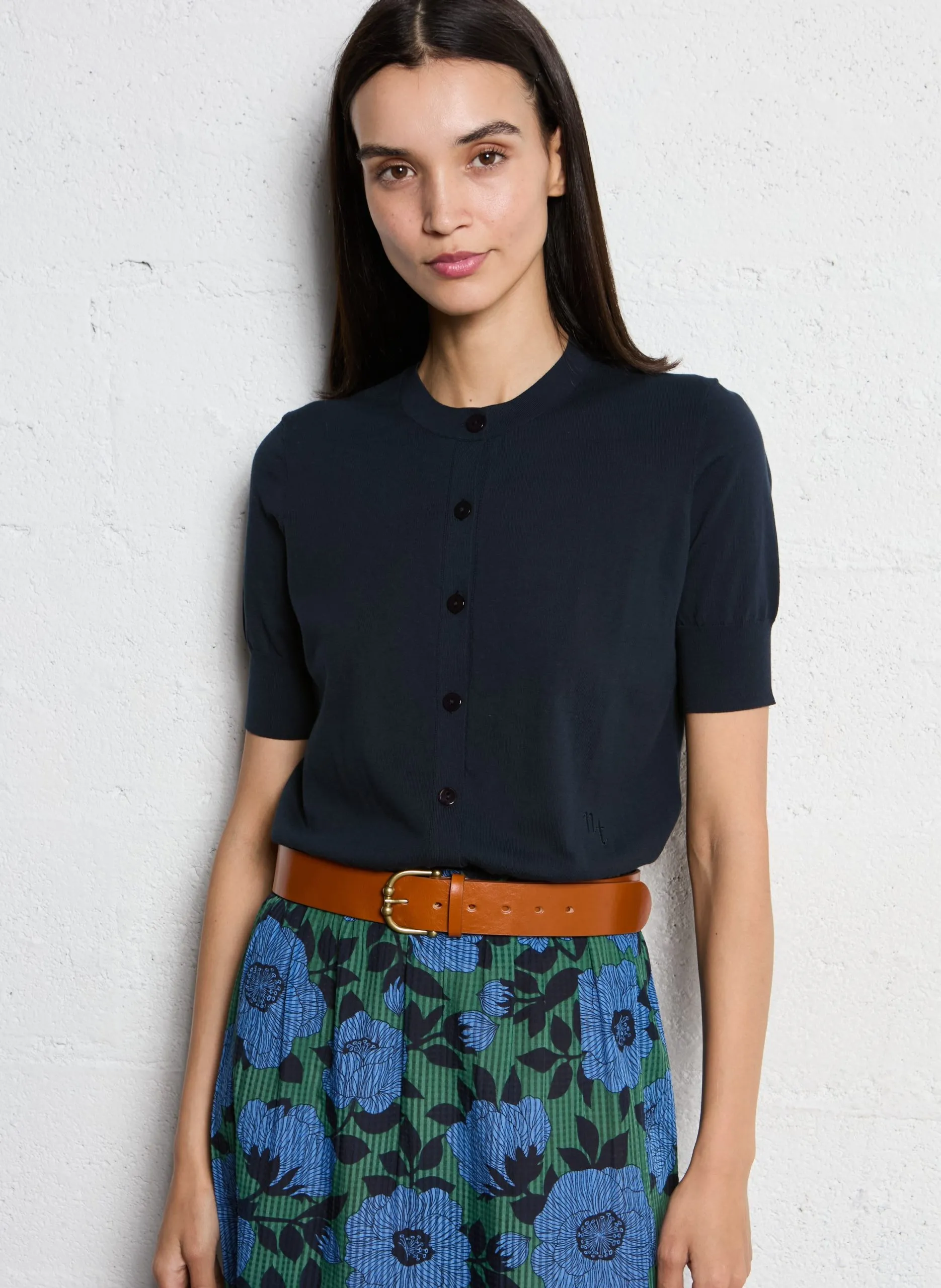 Baumwollstrickjacke, kurzärmlig Blau