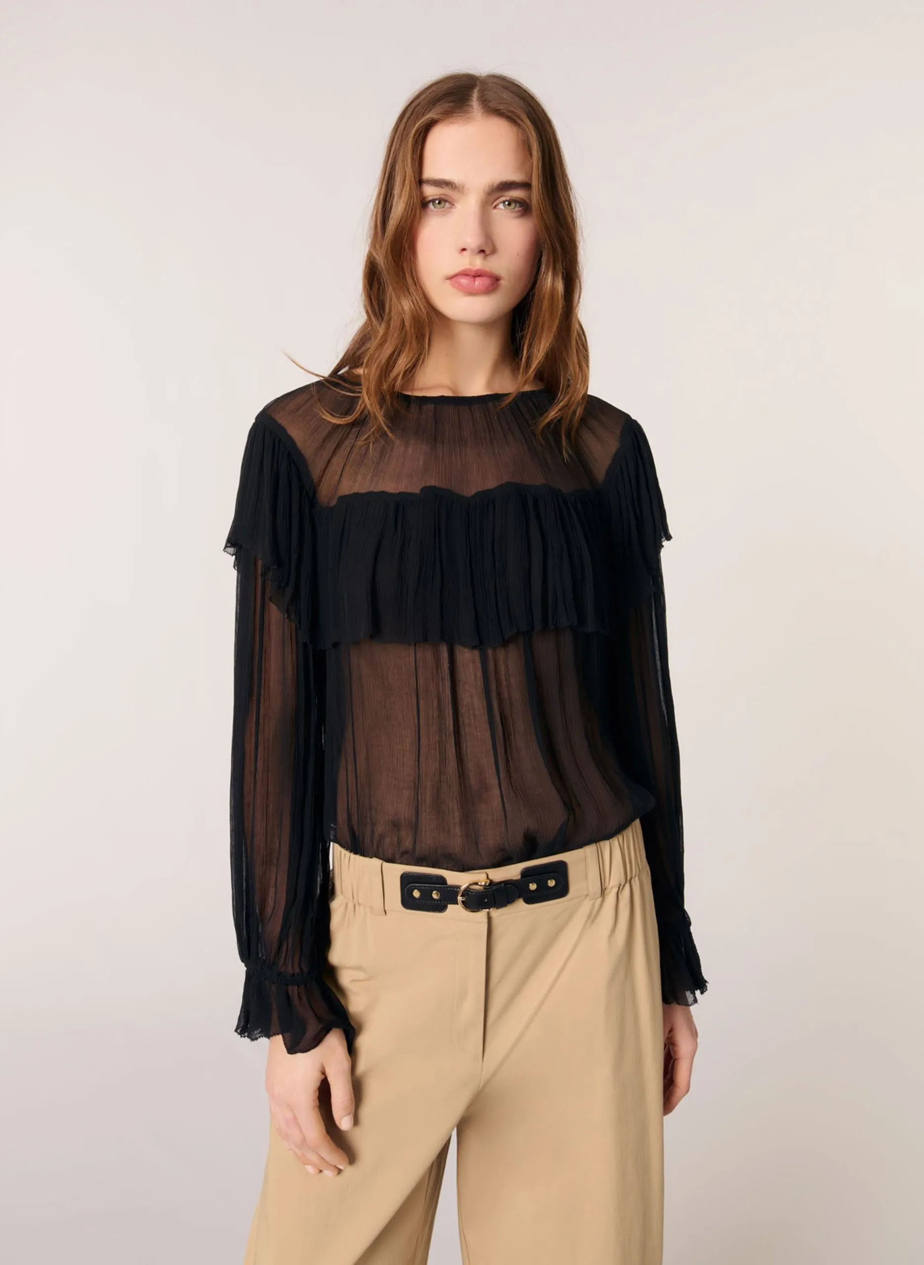 Durchsichtige Bluse mit Rundhalsausschnitt Schwarz