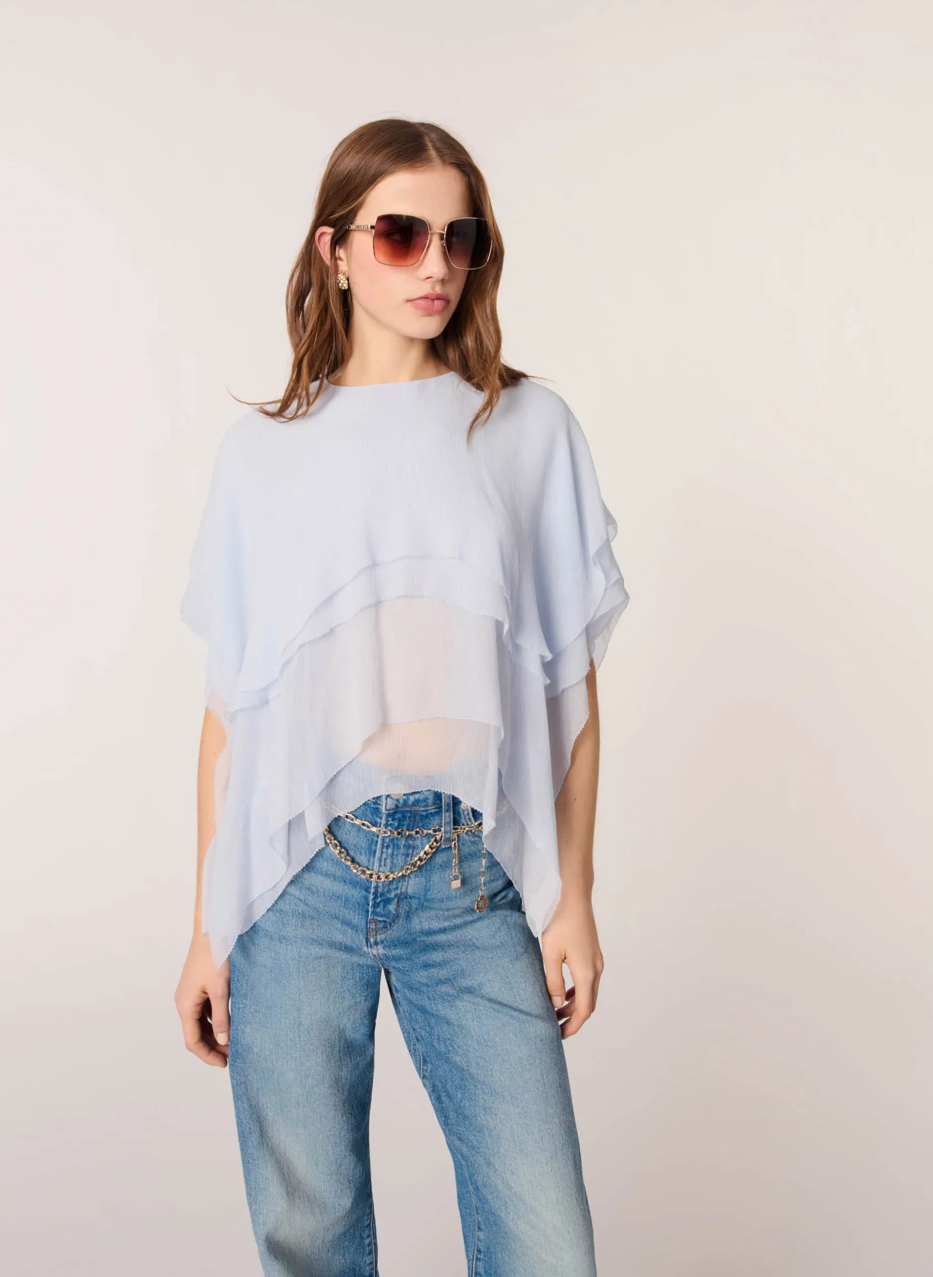 Top aus Chiffon mit Rüschen Blau