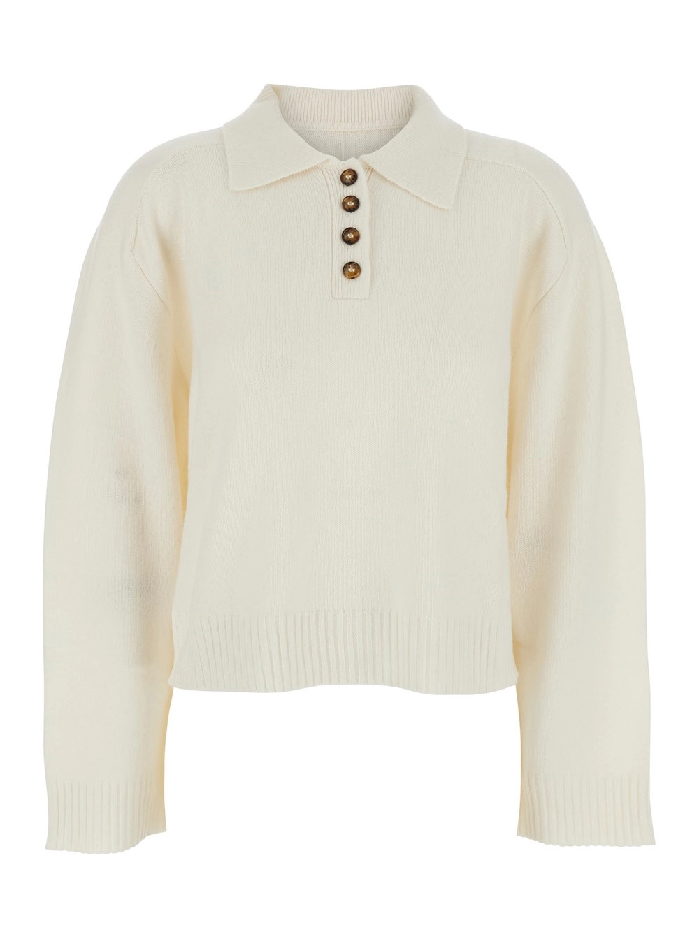 Weißer Pullover im Polohemd-Stil mit klassischem Kragen und gerippten Besätzen aus Kaschmir Damen