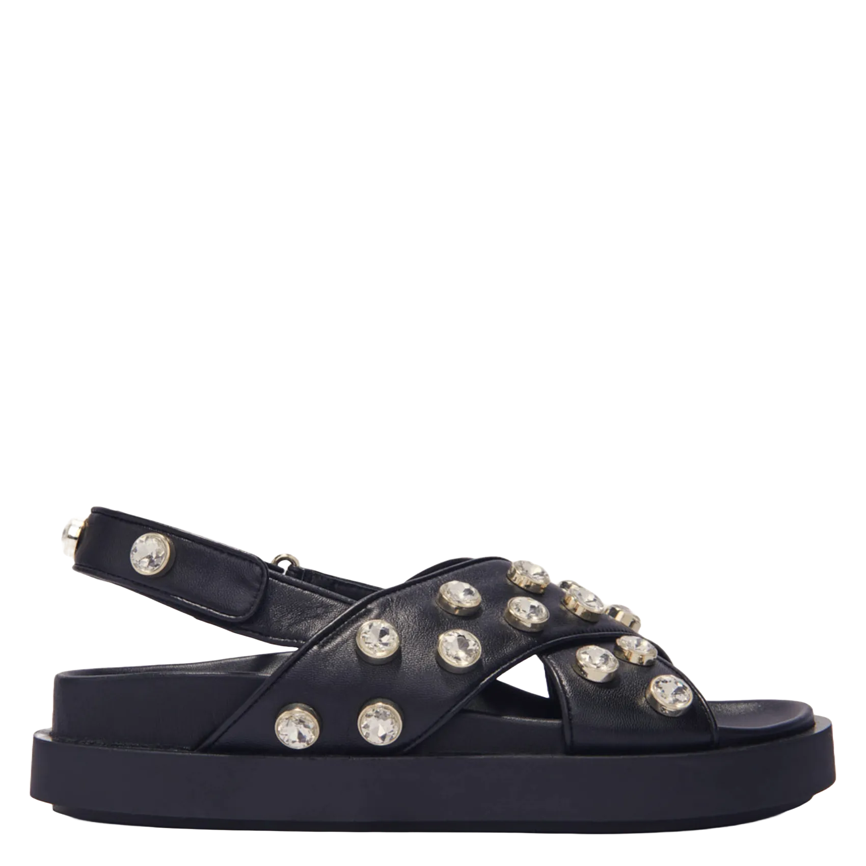 Flache Sandalen mit gekreuzten Riemen und Strasssteinen Schwarz