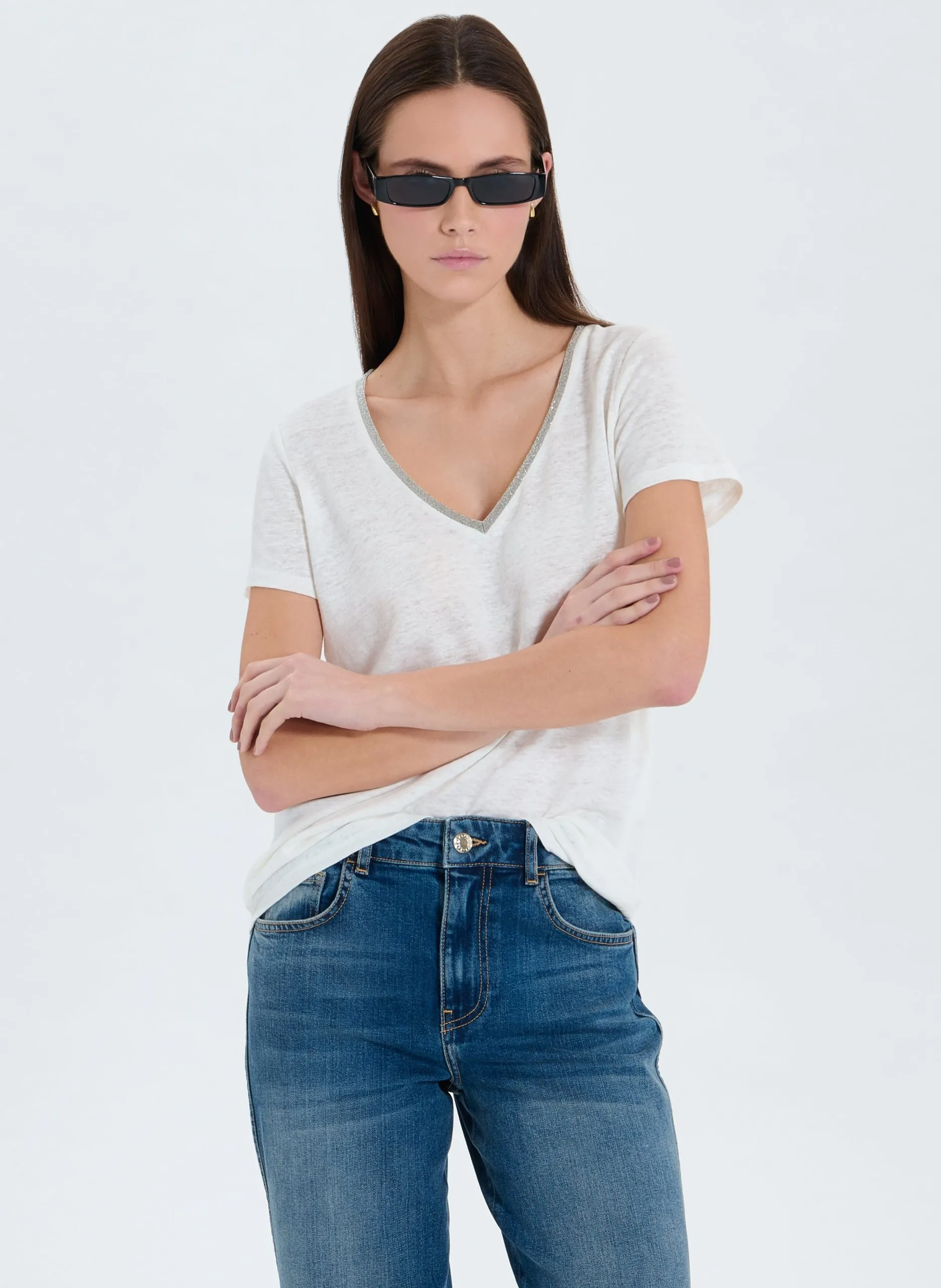 Gerader Leinenstreifen-Top Weiss TASMANIE