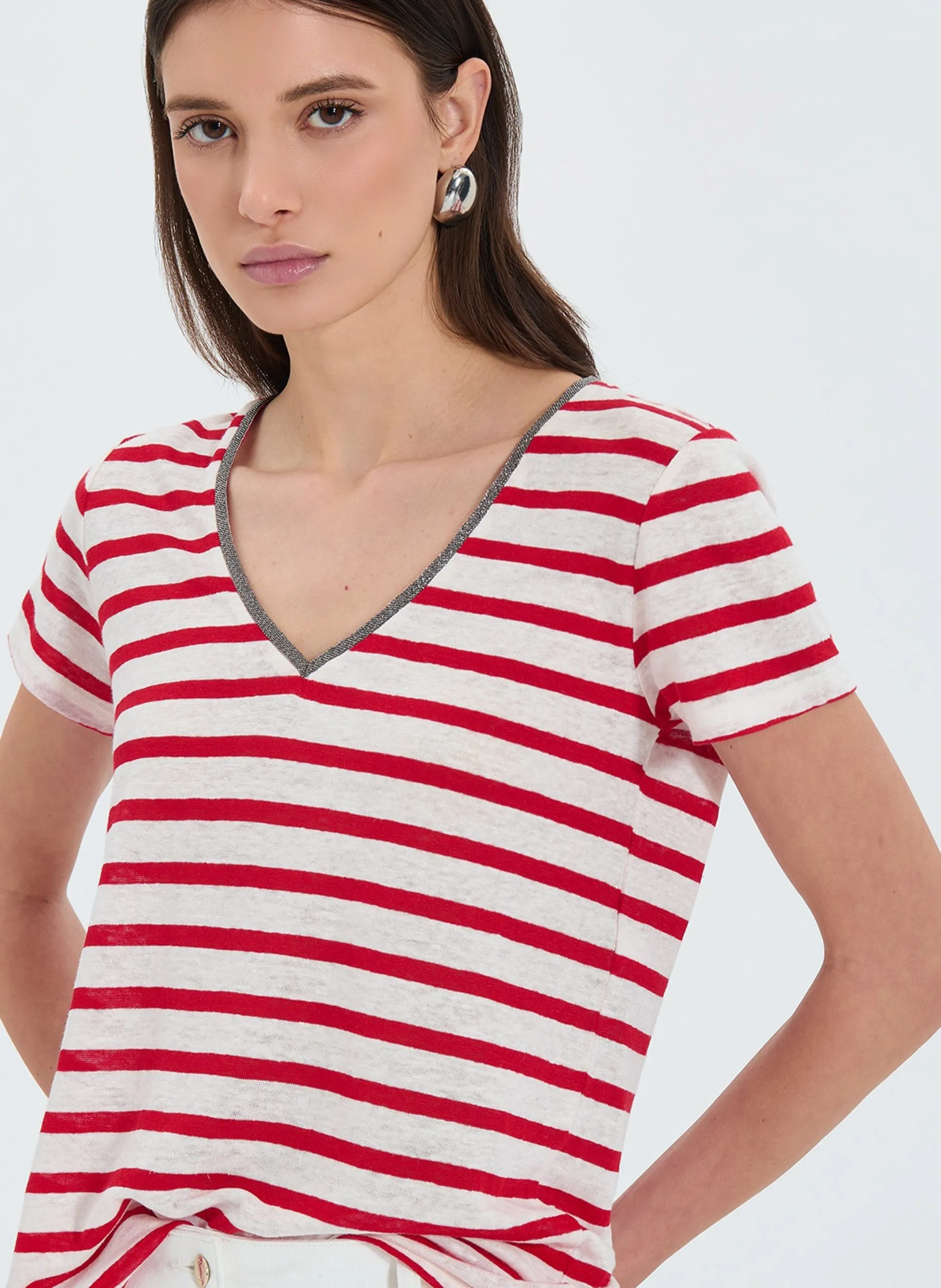 Gerader Leinenstreifen-Top Rot TASMANIE