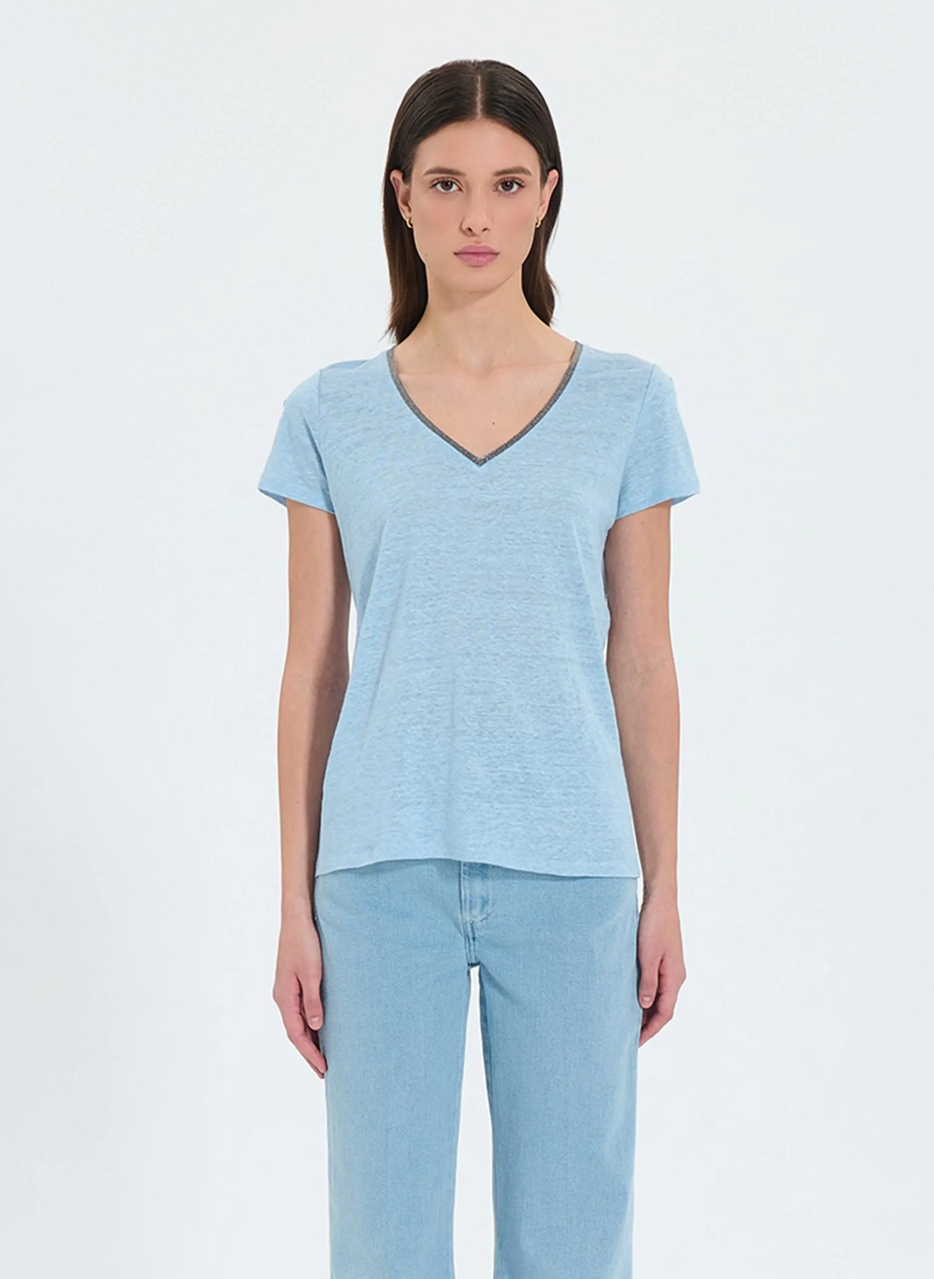 Gerader Leinenstreifen-Top Blau TASMANIE