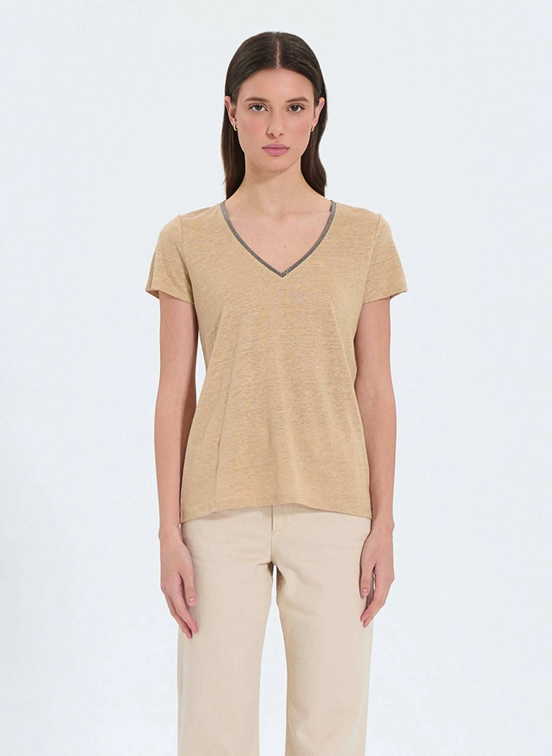 Gerader Leinenstreifen-Top Beige TASMANIE