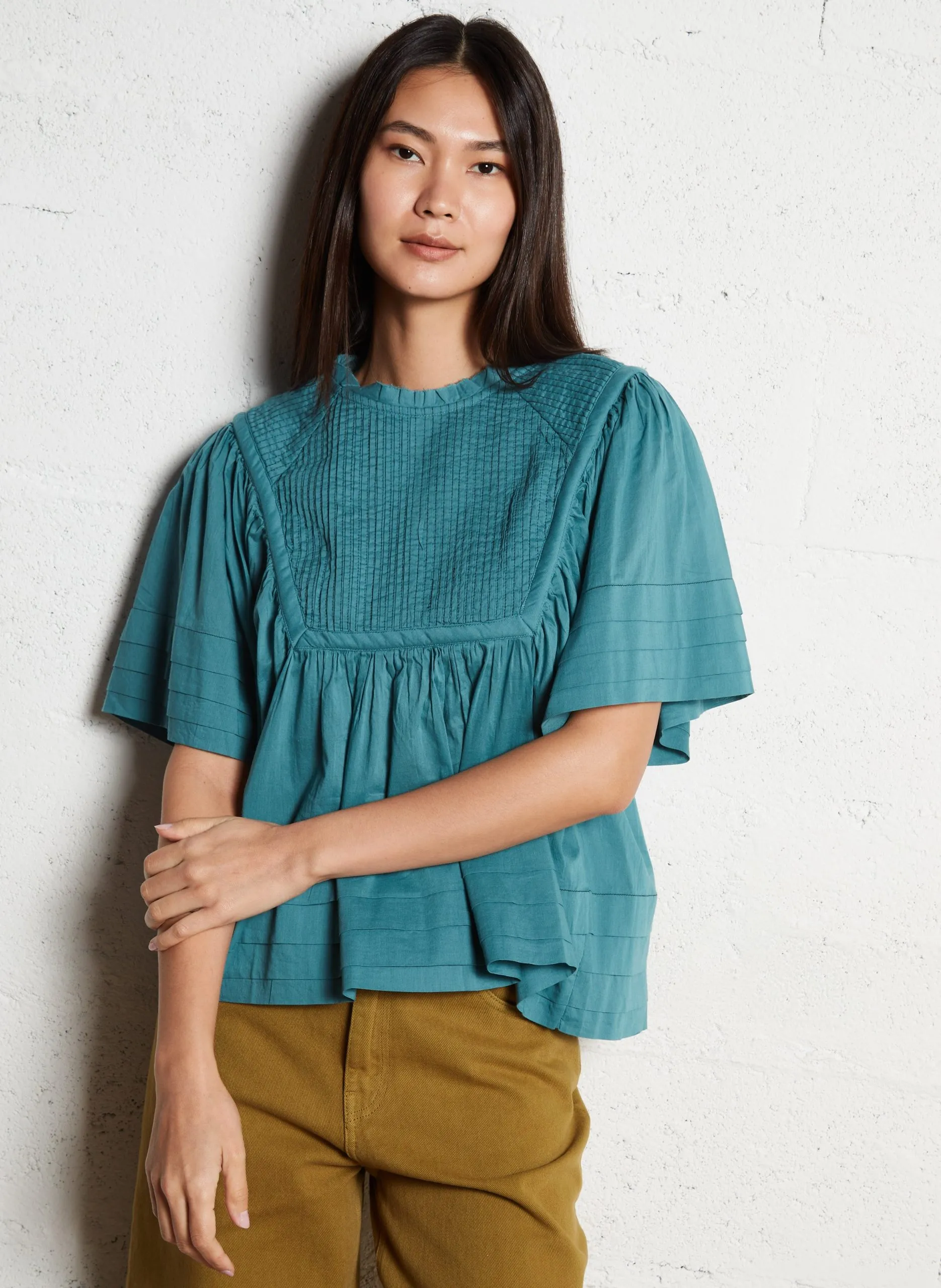 Bluse mit ausgestellten Ärmeln aus Bio-Baumwolle Blau CLIVE