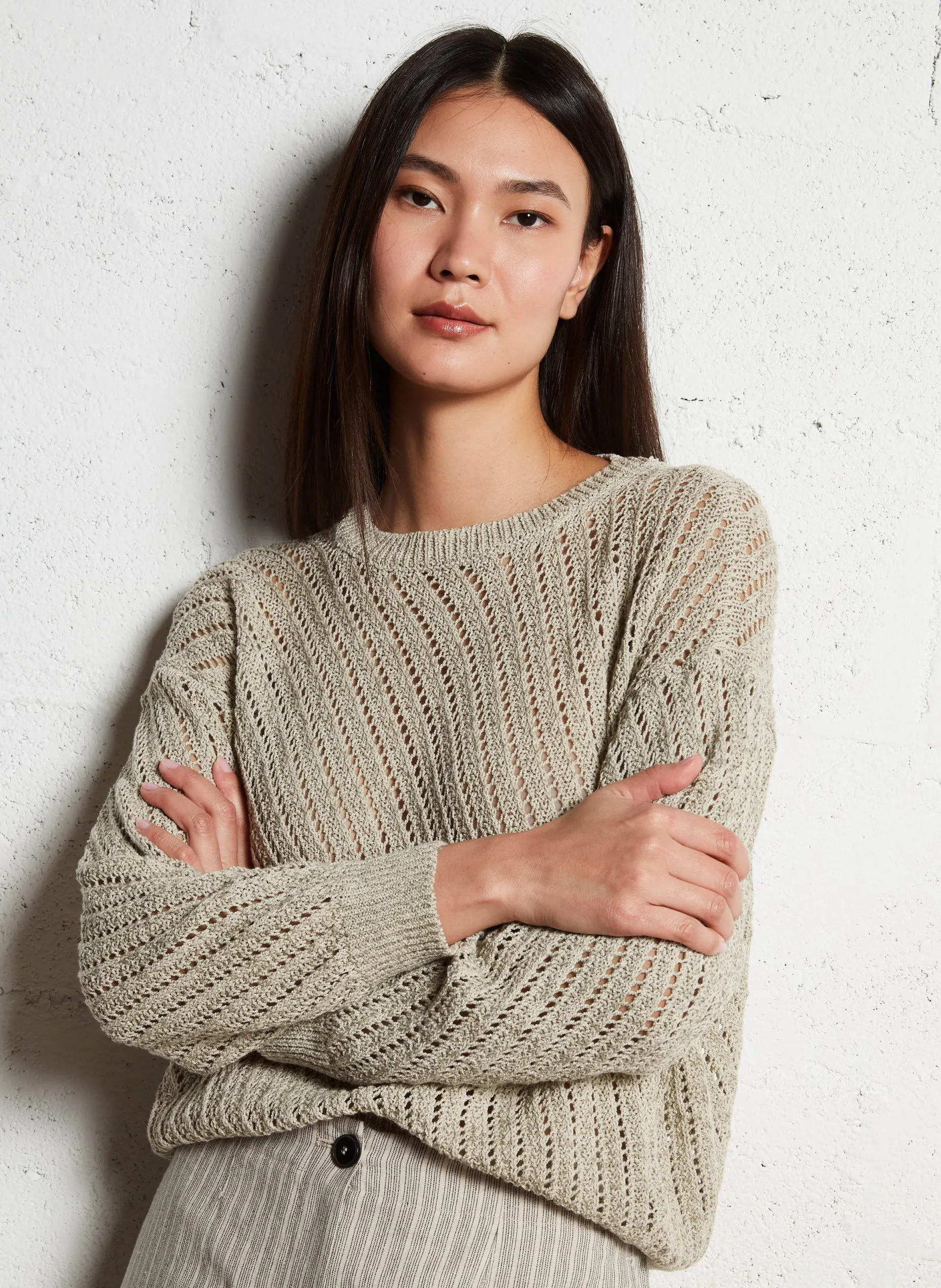 Durchbrochener Pullover aus Baumwolle und Leinenmischung Weiss