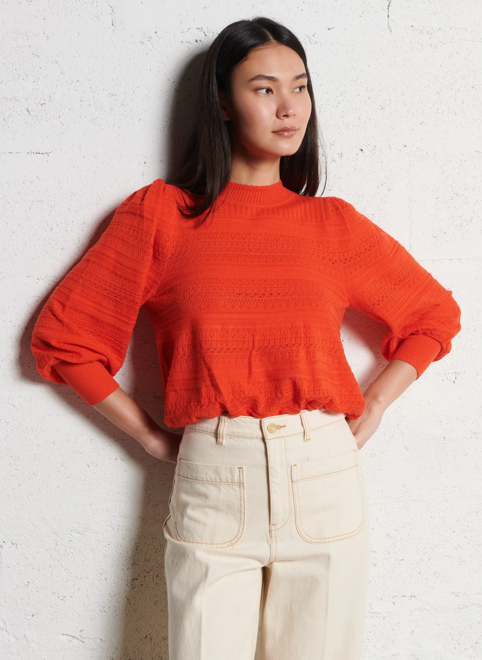 Gerade geschnittener Ajour-Strickpullover Orange MILET