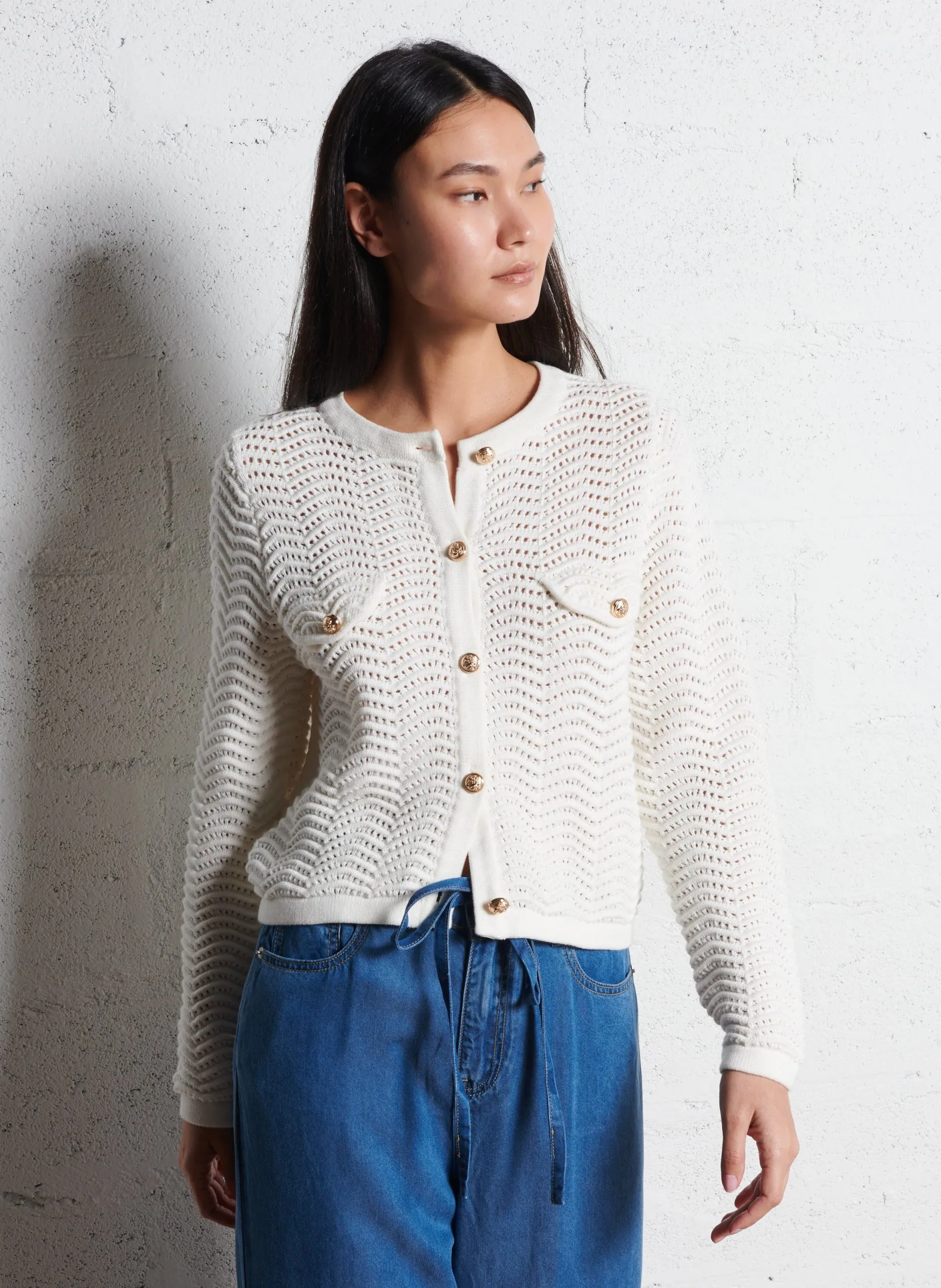 Baumwoll-Strickjacke mit Rundhalsausschnitt Beige GIANY