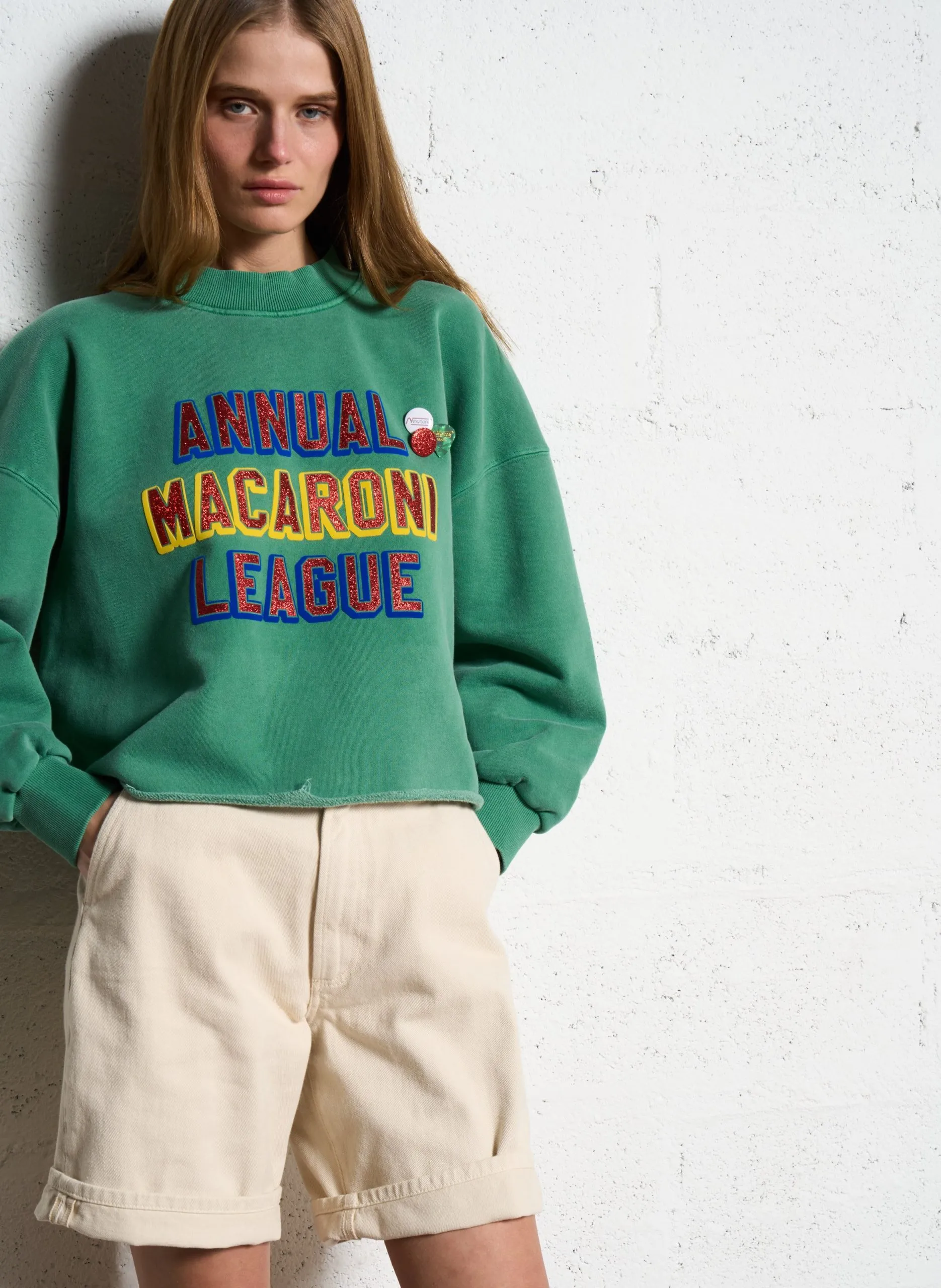 Kurzer bedruckter Baumwoll-Sweater Grun PORTER MACARONI