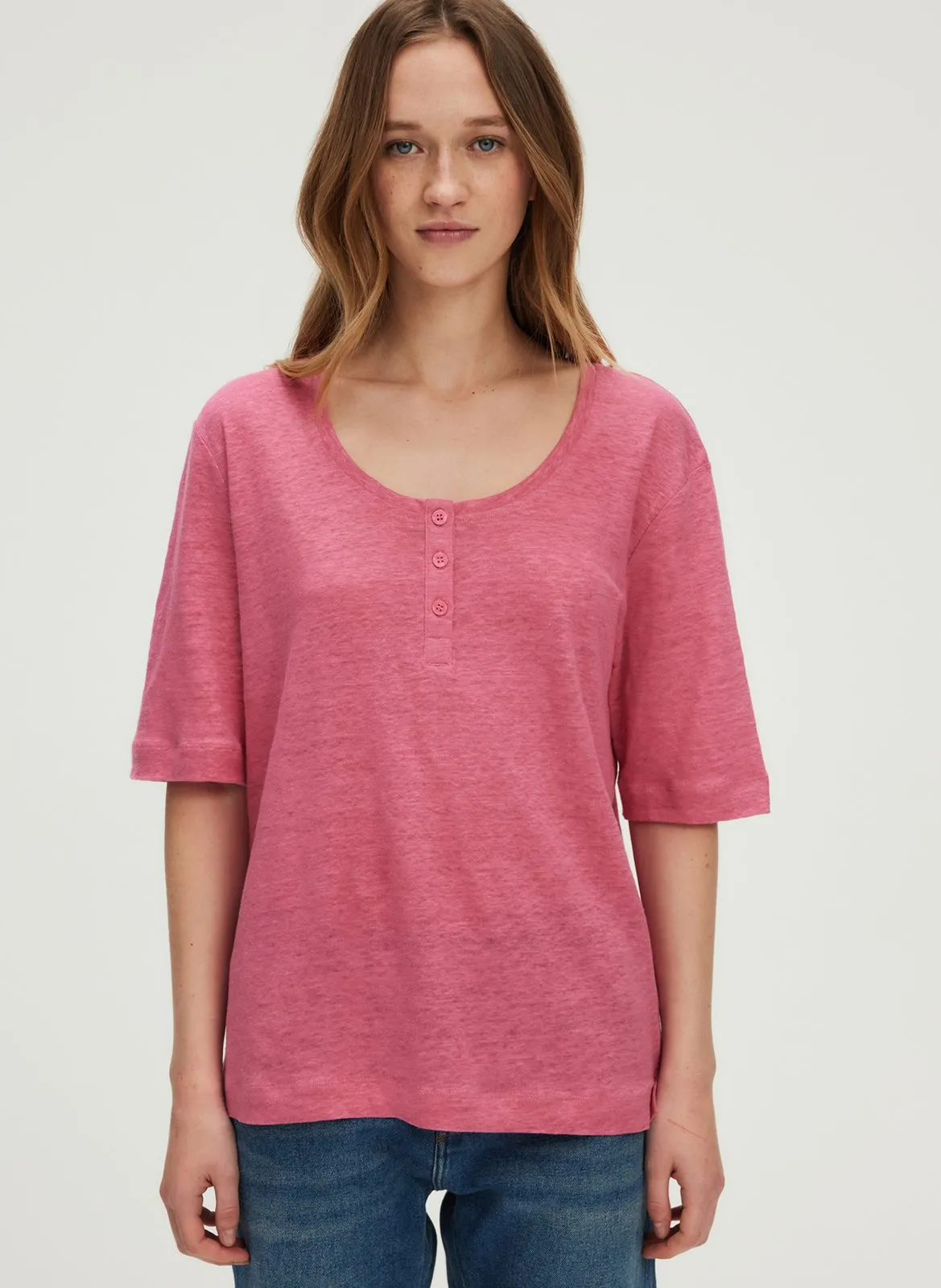 Weites Leinen-T-Shirt mit Rundhalsausschnitt Rosa GISELINE