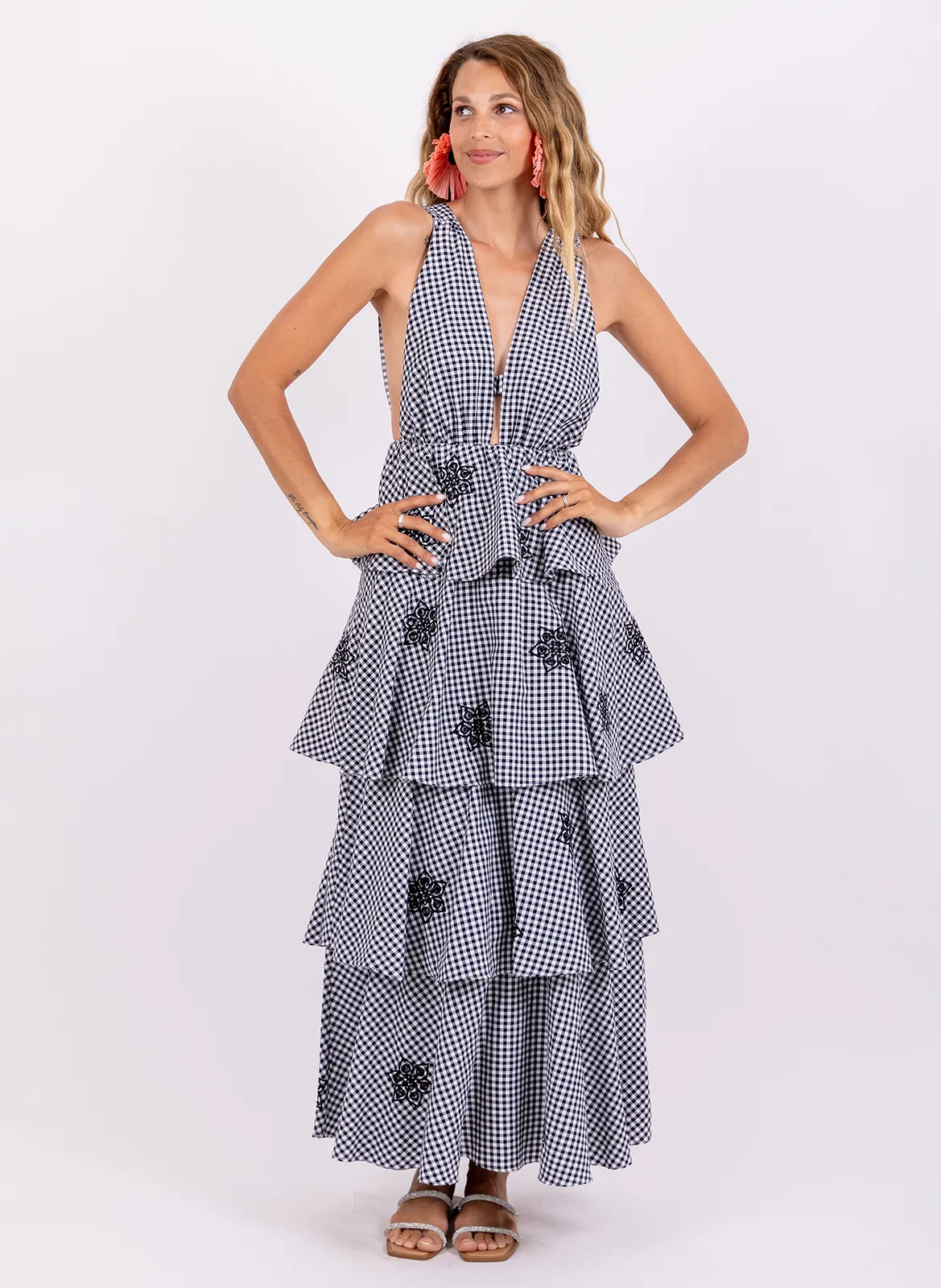 Langes Vichy Maxikleid mit Volants Schwarz EMILIENNE