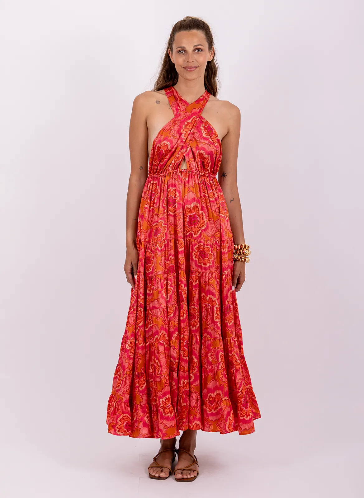 Fließendes langes Wickelkleid mit Mustern Rosa SUZIE