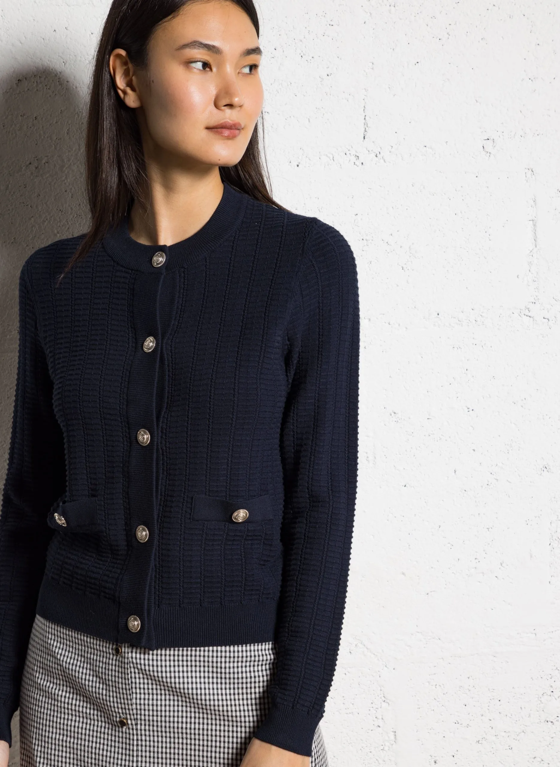 Gerade geschnittene Rundhals-Strickjacke Blau MELBA