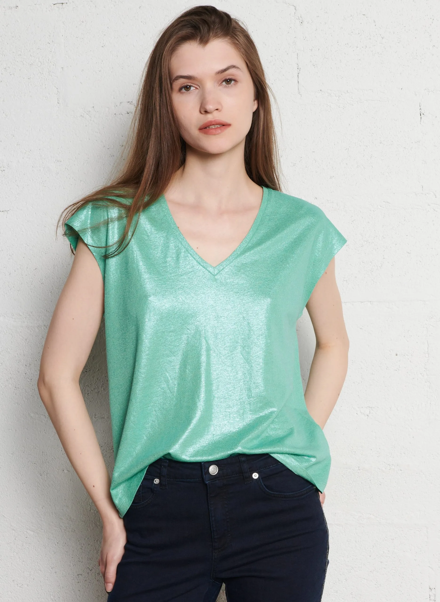 T-Shirt mit V-Ausschnitt aus Leinenmischung Grun