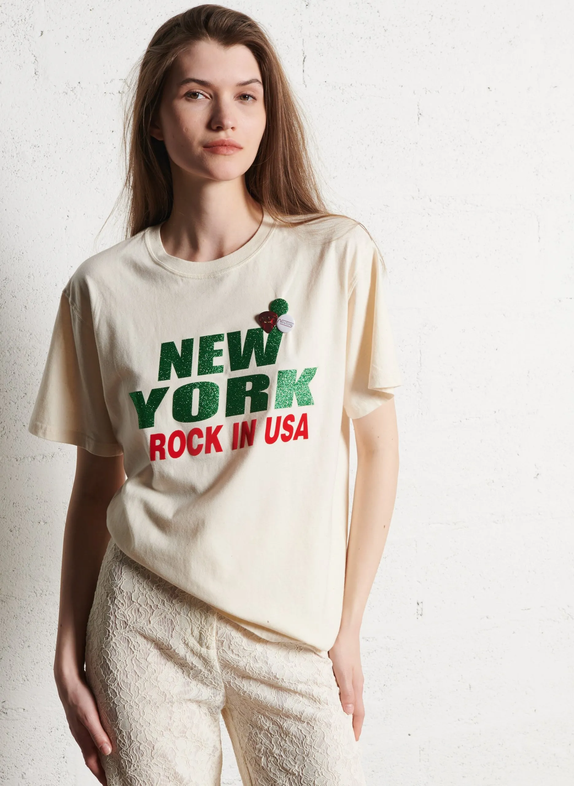 Gerade geschnittenes Rundhals-T-Shirt aus Baumwolle Beige CITY