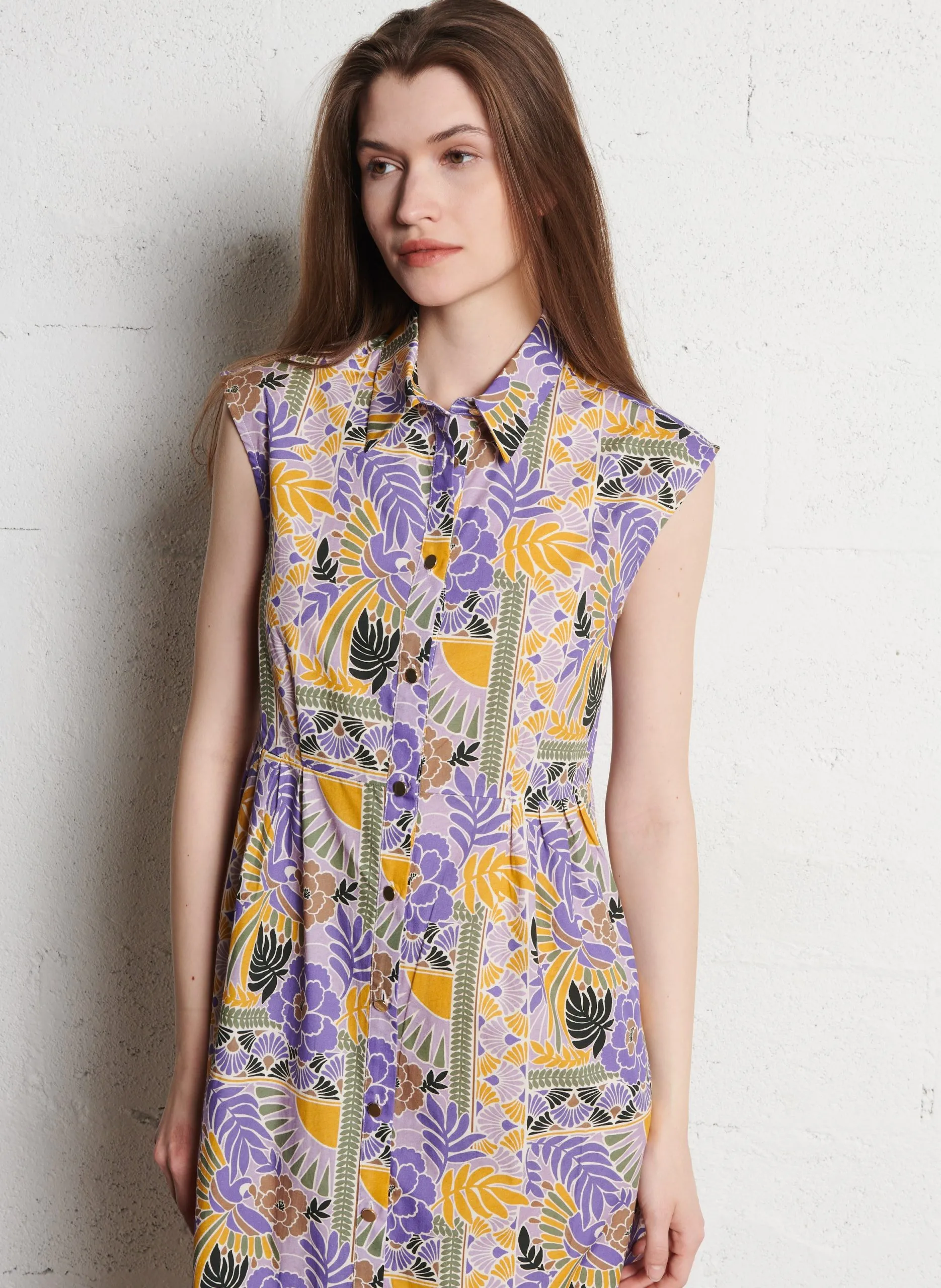 Bedrucktes Baumwoll-Midikleid mit klassischem Kragen Violett