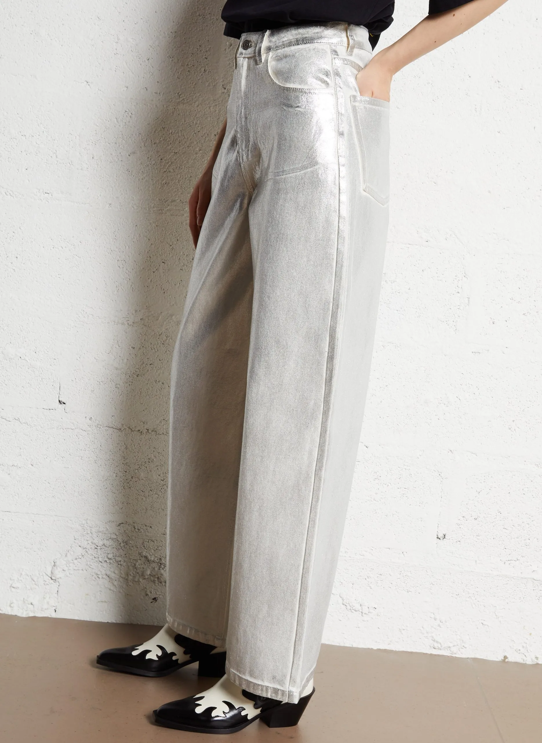 Weite High-Waist-Jeans mit Metallic-Effekt Silber PHONOLULU