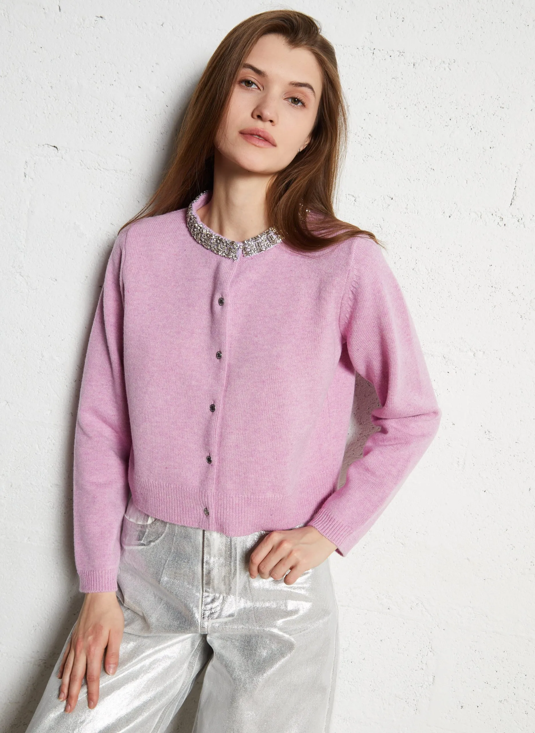 Strickjacke aus Wolle mit Rundhalsausschnitt Rosa MGIDIAMOND