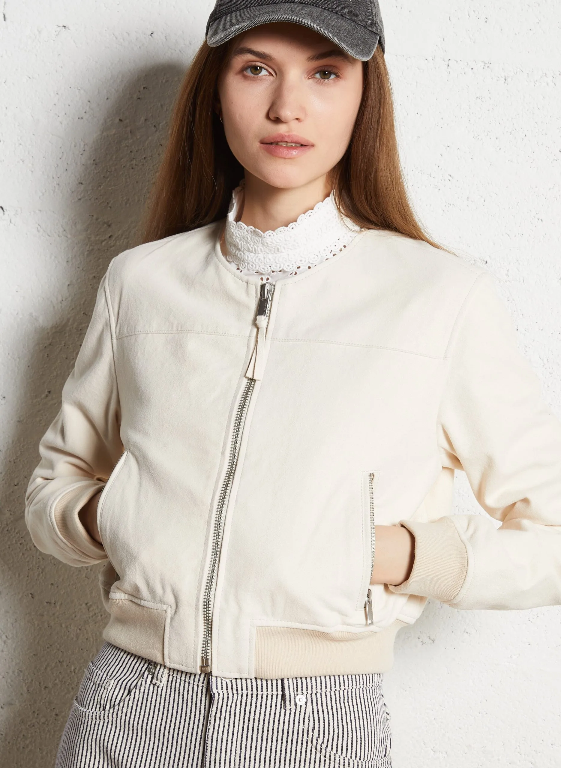 Blouson mit Rundhalsausschnitt aus Leder Beige