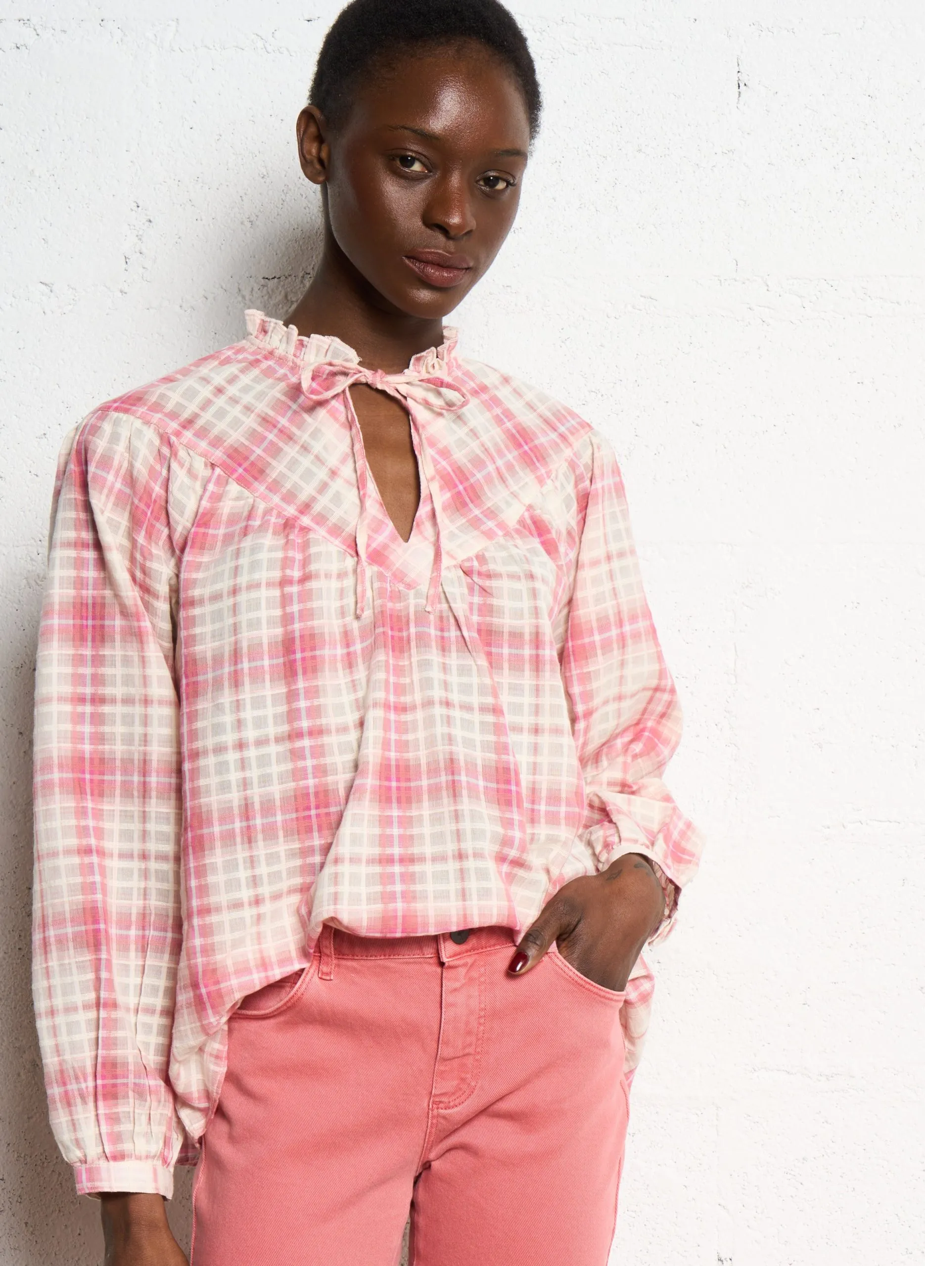 Weite Karo-Bluse mit V-Ausschnitt Rosa CALORIANE