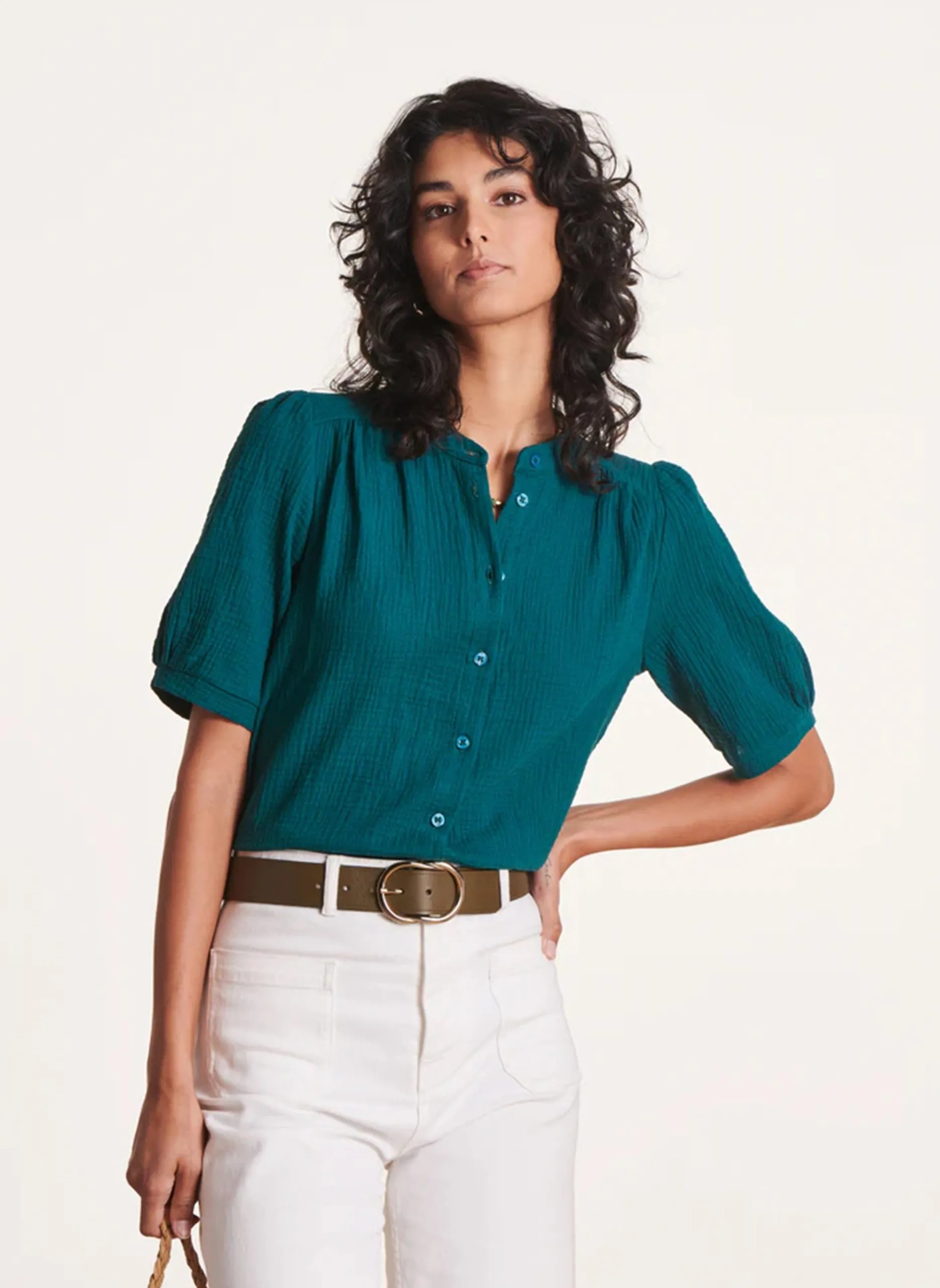 Bluse aus Bio-Baumwolle mit Rundhalsausschnitt Blau