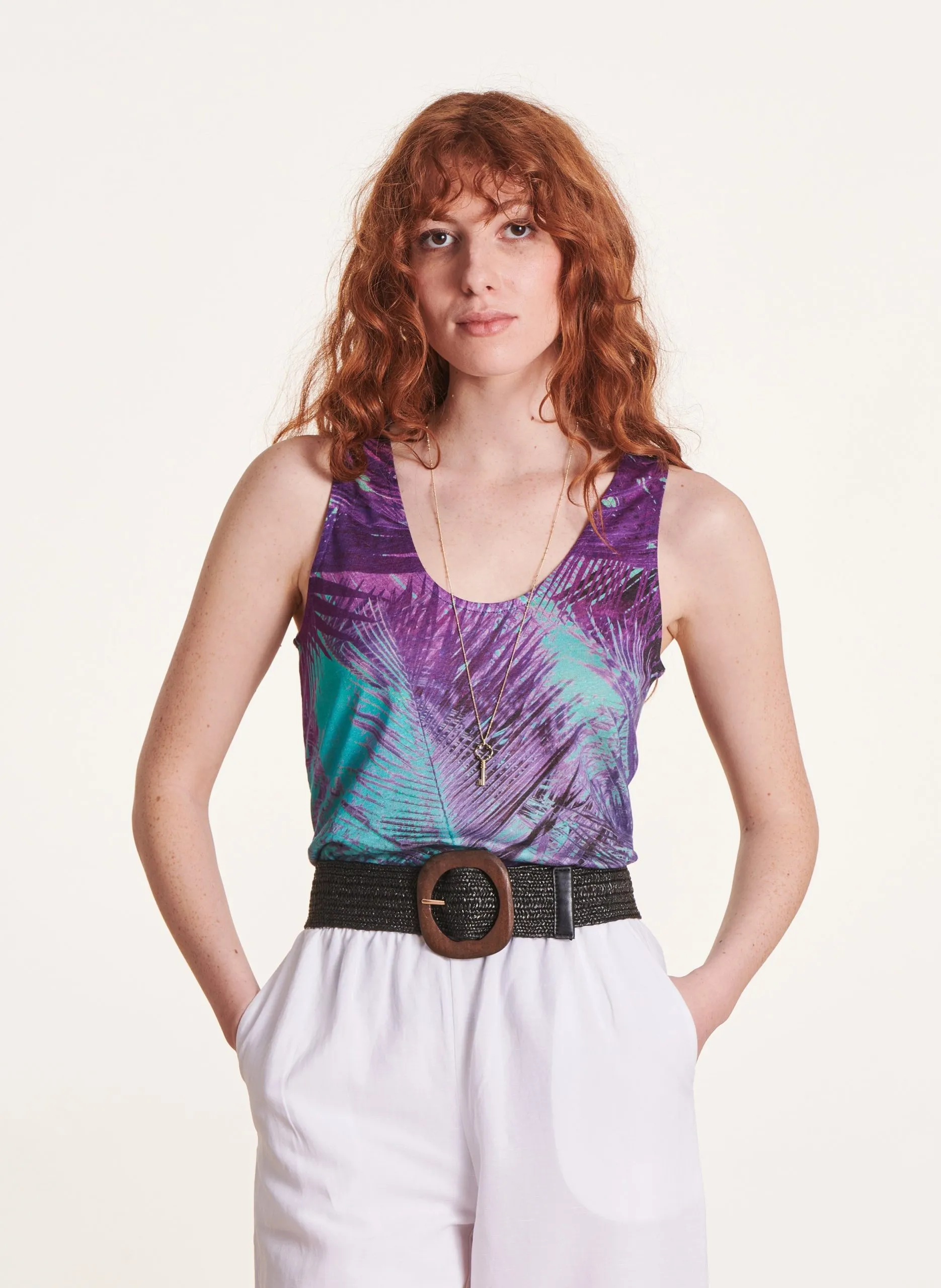 Bedrucktes Leinen-Tanktop mit Rundhalsausschnitt Violett