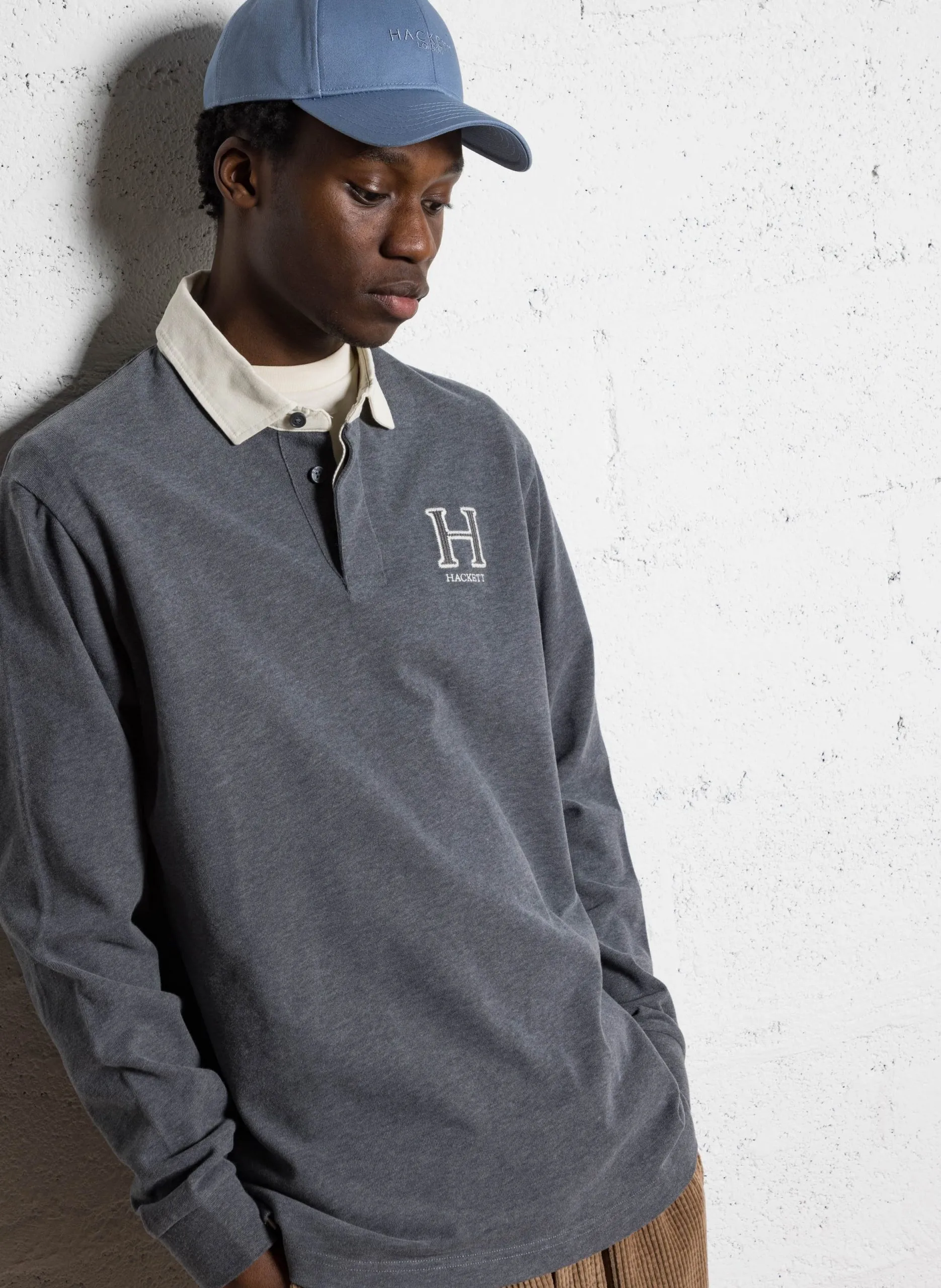 Langarm-Poloshirt mit Stickerei Grau