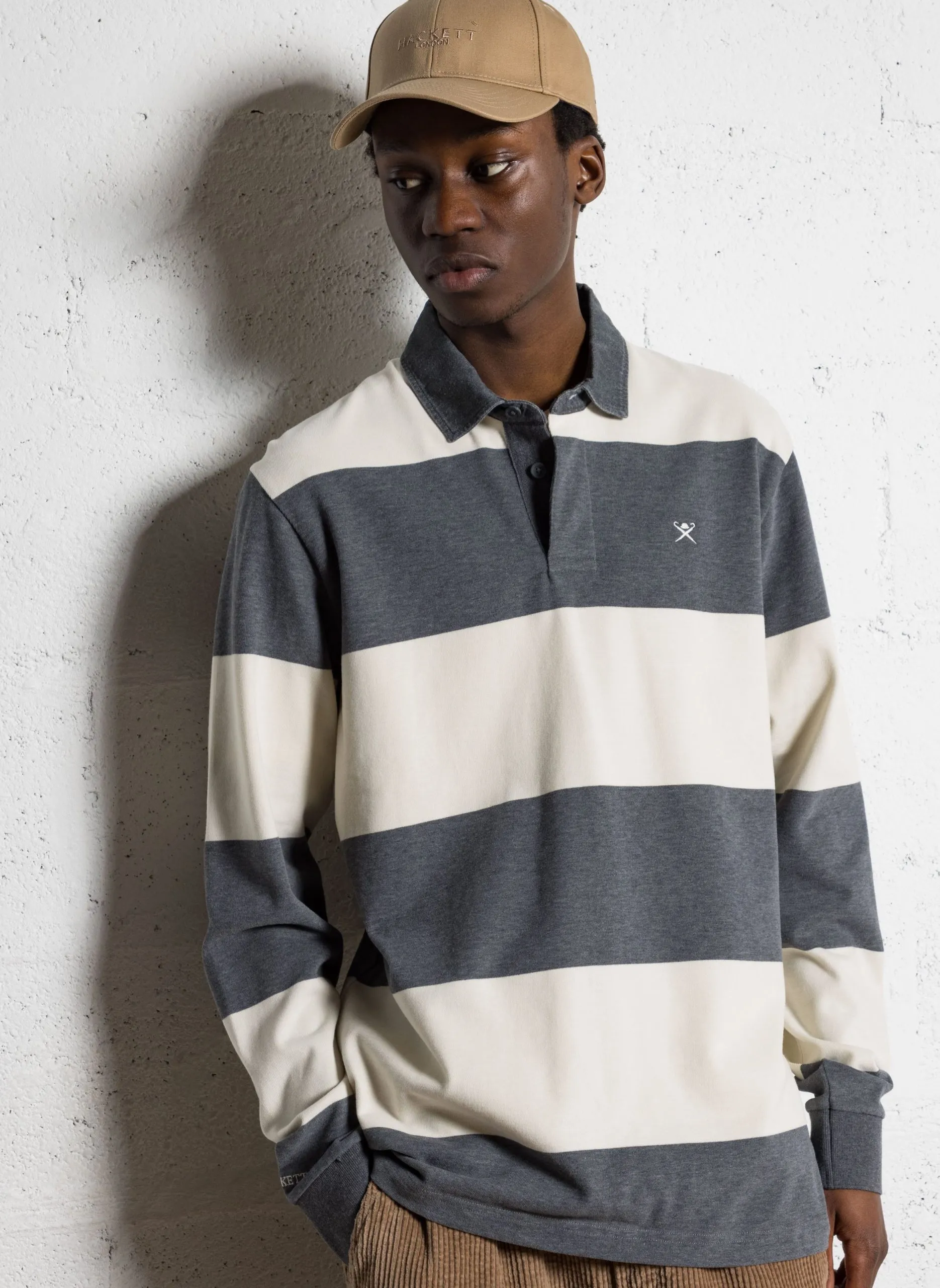 Gestreiftes Langarm-Poloshirt Grau