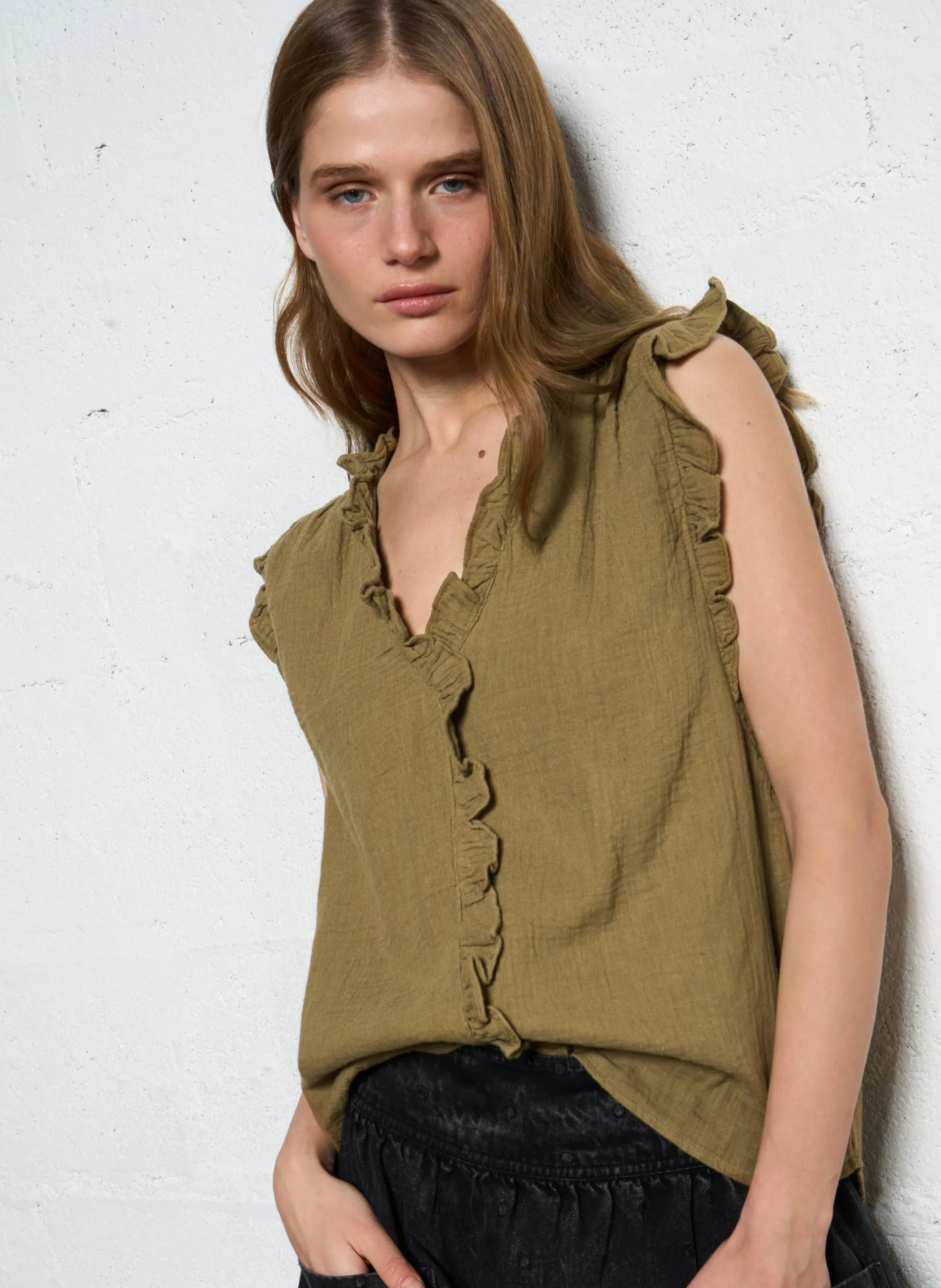 Ärmelloses Top mit Volants aus Baumwolle Khaki SOPRANO