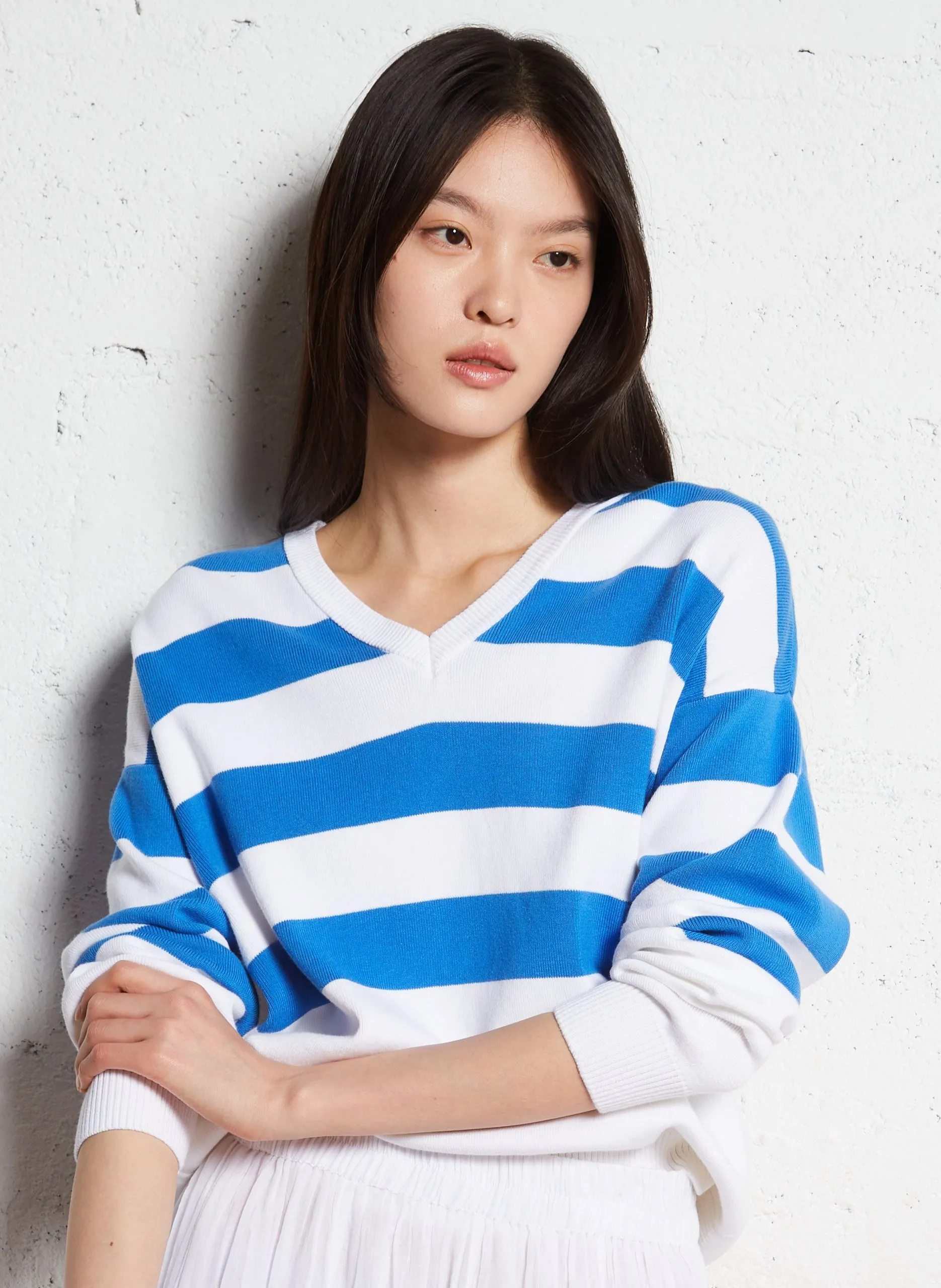 Gestreifter Baumwoll-Pullover mit V-Ausschnitt Mehrfarbig DEAUVILLE