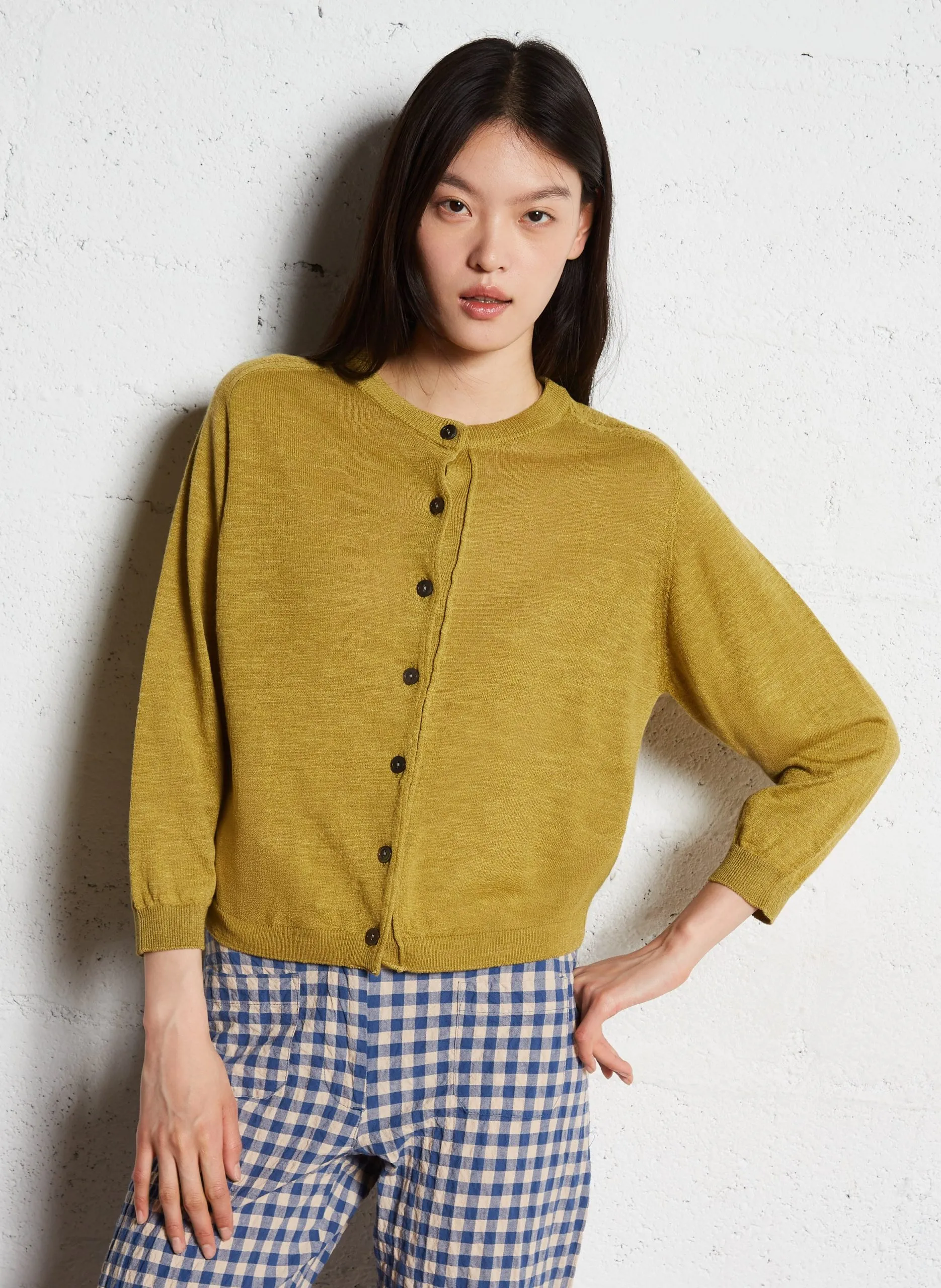 Gerade geschnittene Weste mit Rundhalsausschnitt aus Leinenmischung Golden NEETA