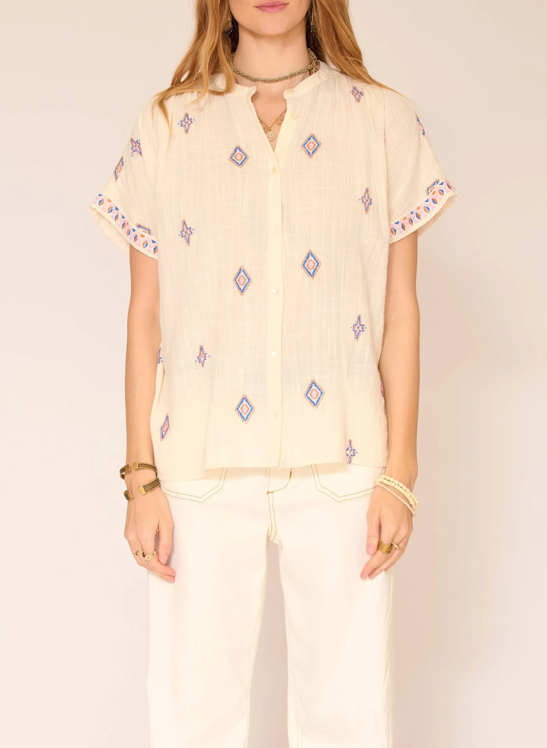 Bluse aus Baumwoll-Mix mit Rundhalsausschnitt Beige CHIWOO