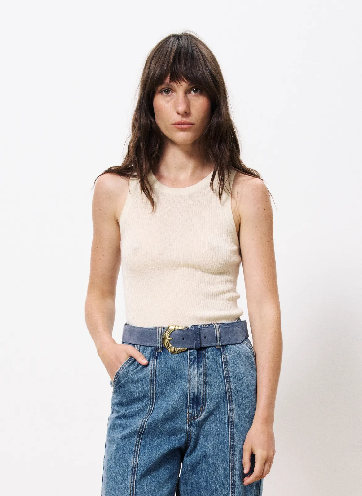 Ärmelloses Top aus Baumwoll-Mix mit V-Ausschnitt Beige LALITHA