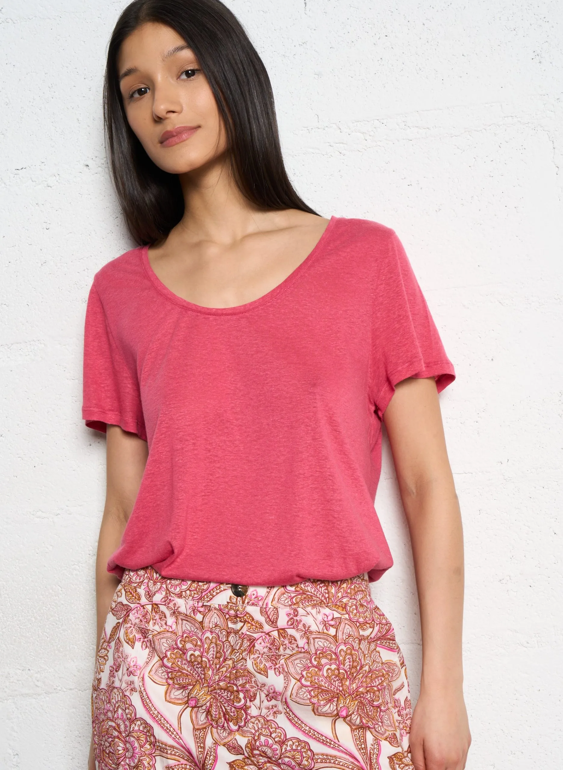 Rundhals-T-Shirt aus Leinen-Mix Rosa TIA