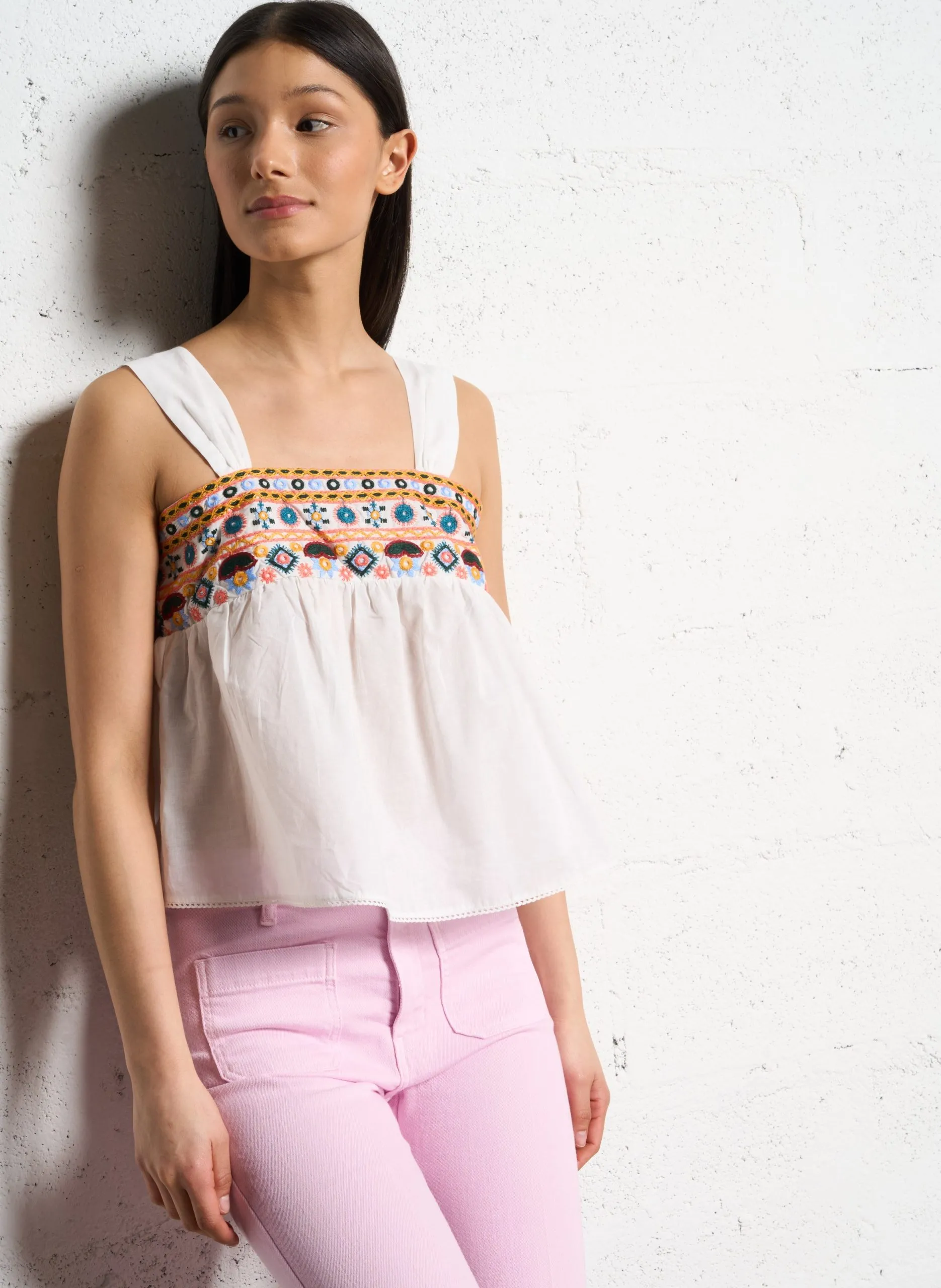 Baumwoll-Top mit eckigem Ausschnitt Weiss