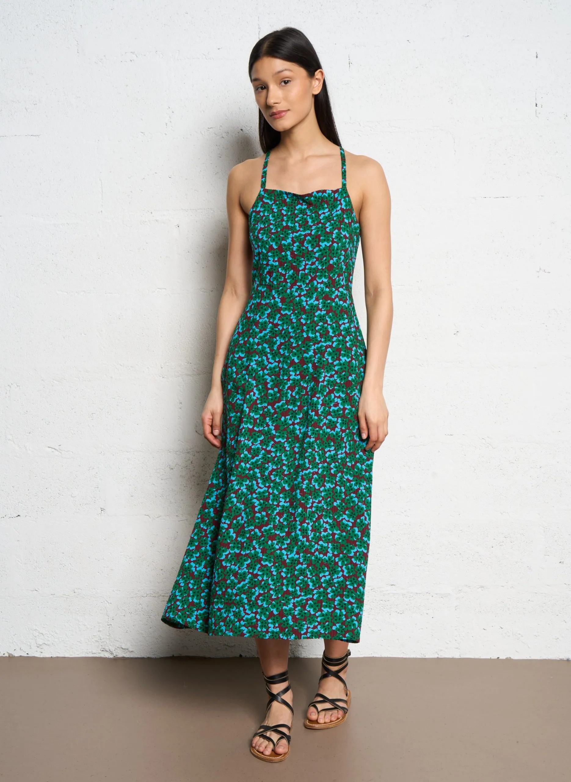 Bedrucktes langes Baumwollmischkleid Pflaume