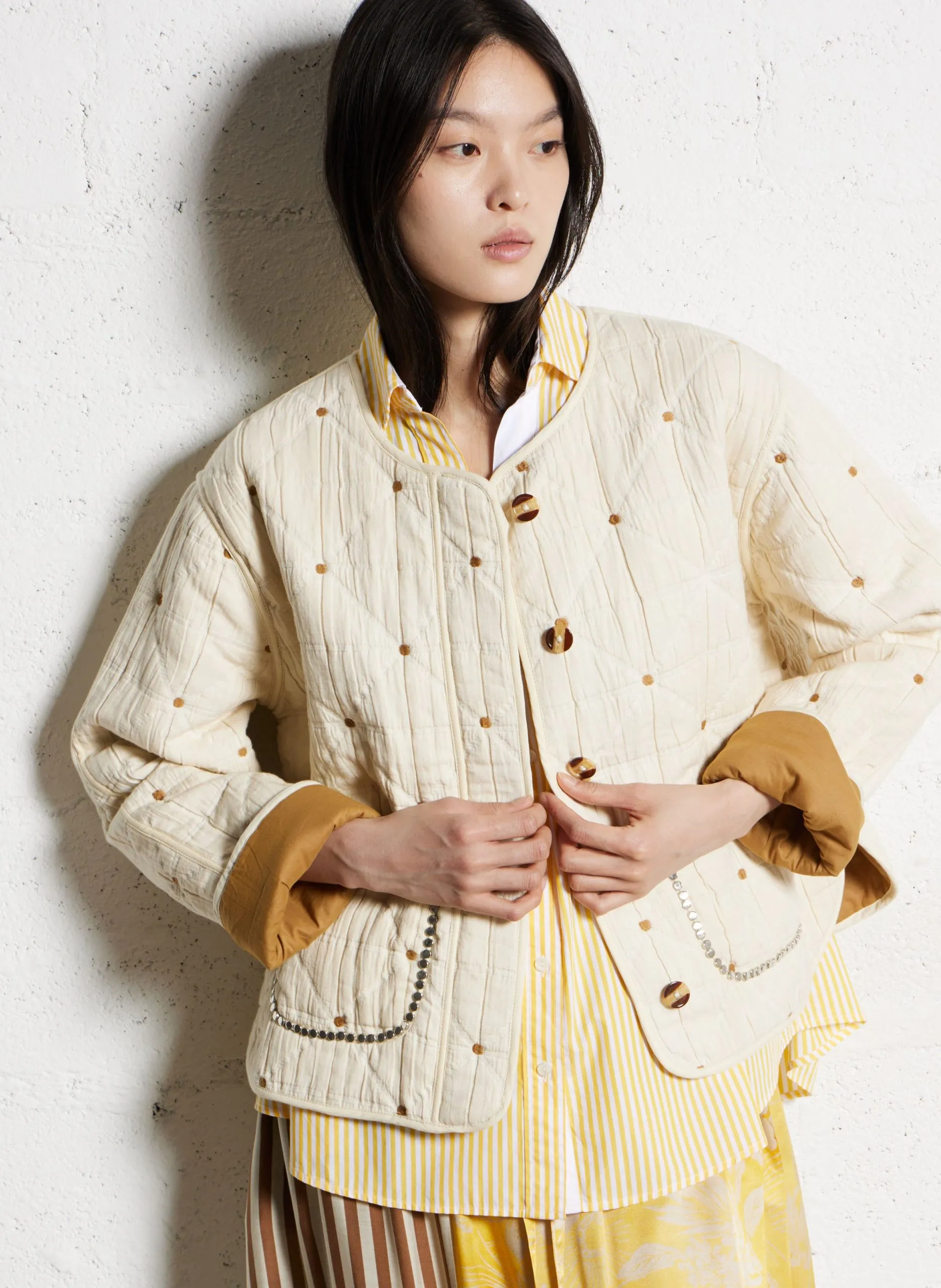 Gerader Bomber aus bestickter Baumwolle Beige VAHALA