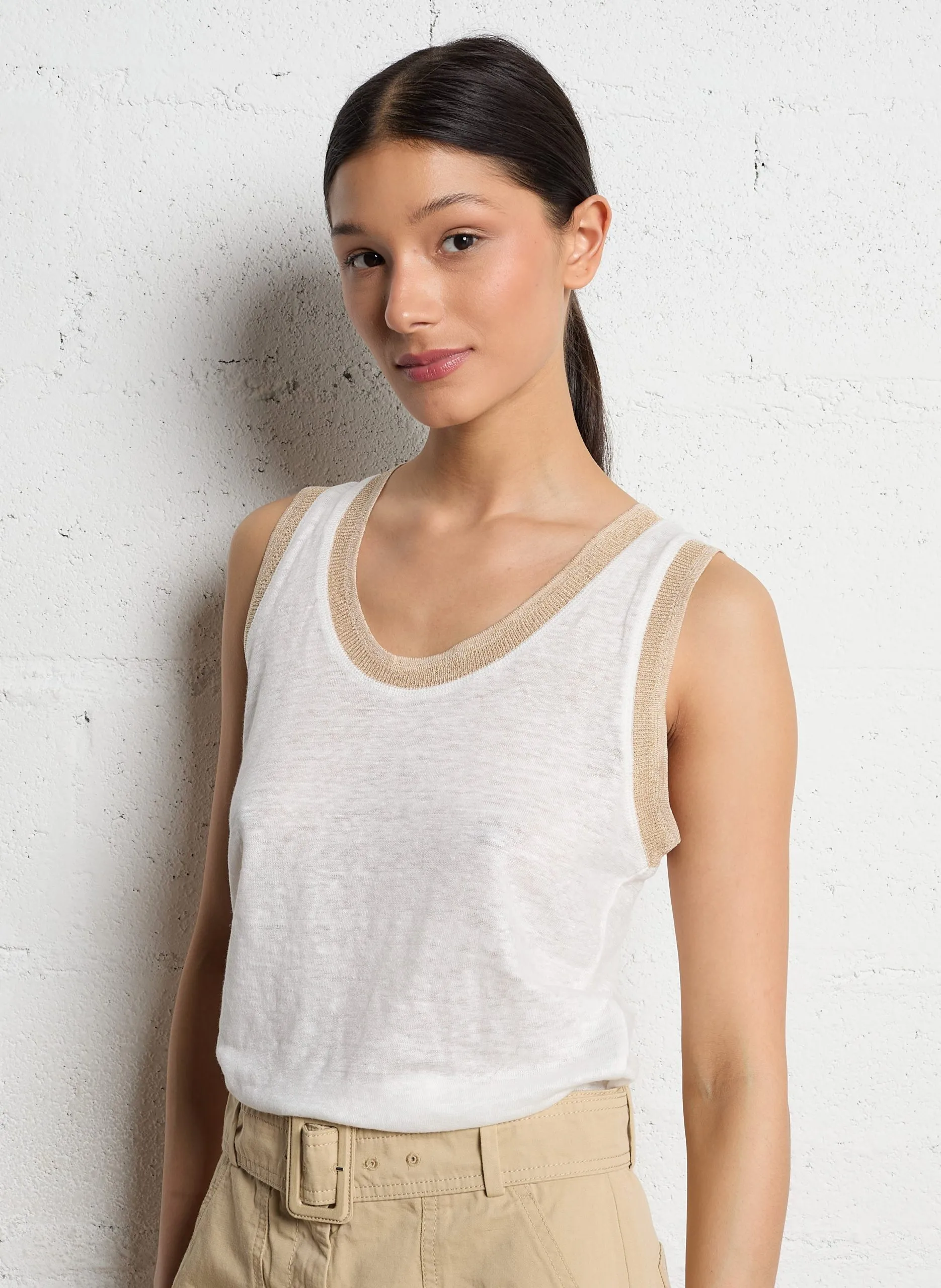 Gerade geschnittener Rundhalspullover aus Leinen Beige BASTIEN