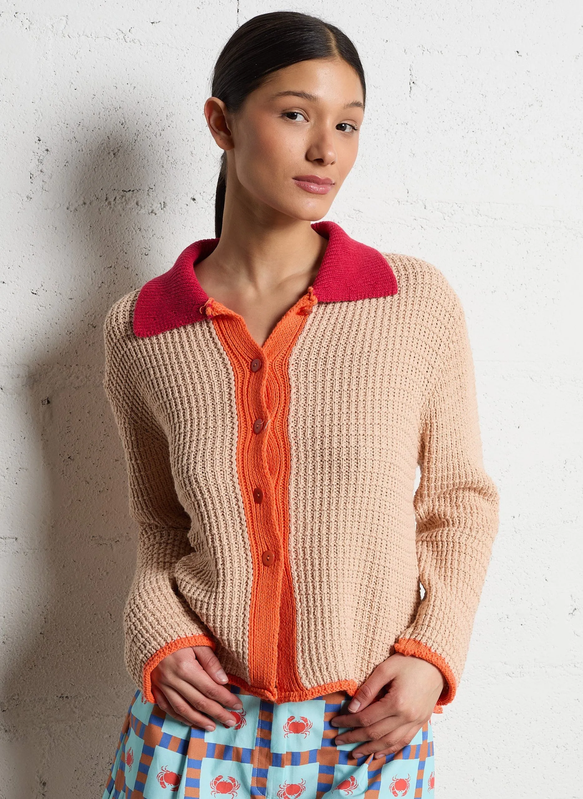 Weiter geschnittene Weste mit klassischem Kragen aus Baumwollmischung Beige MISTY