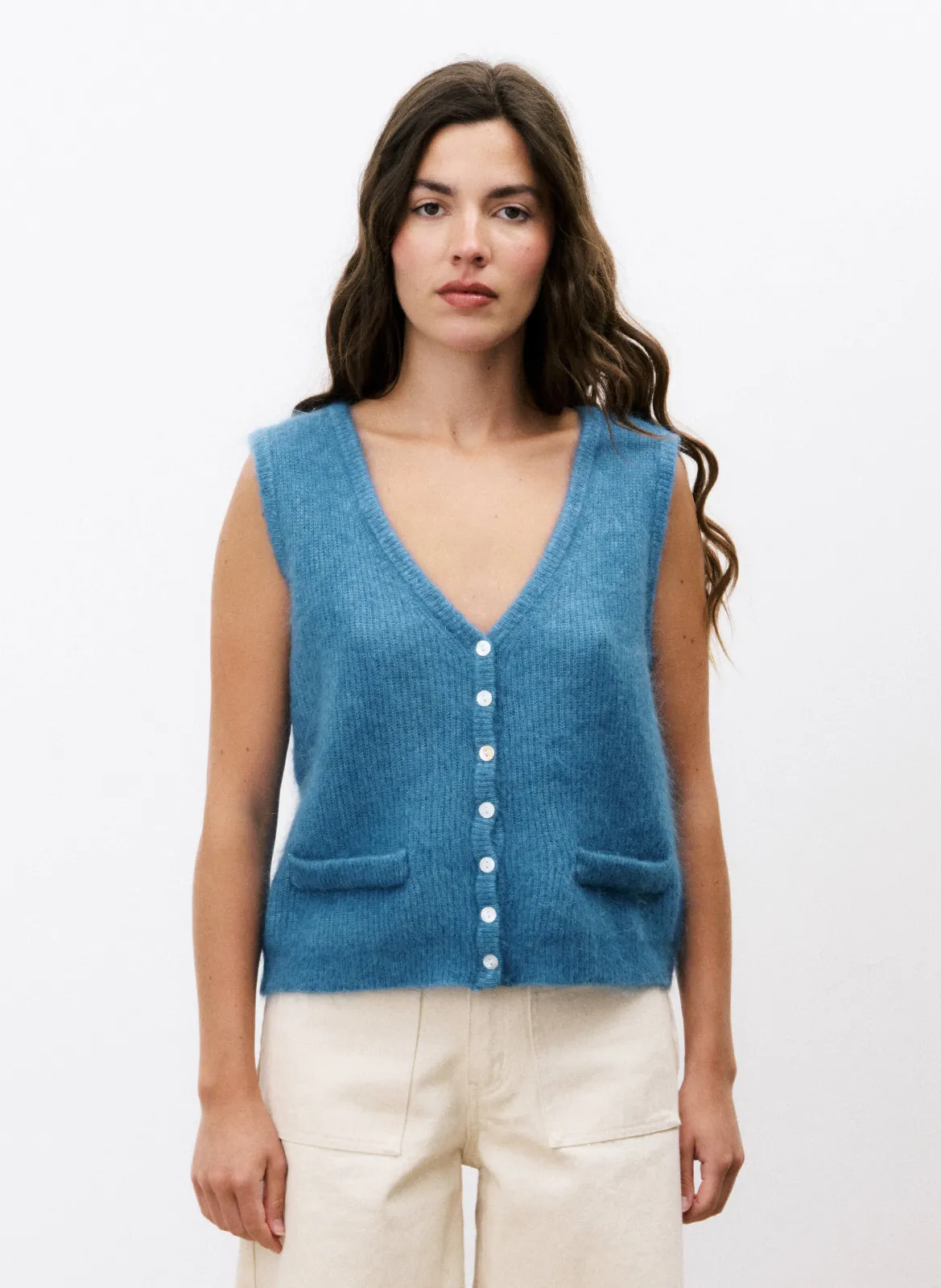 Ärmelloser Cardigan mit V-Ausschnitt Blau MELIZA