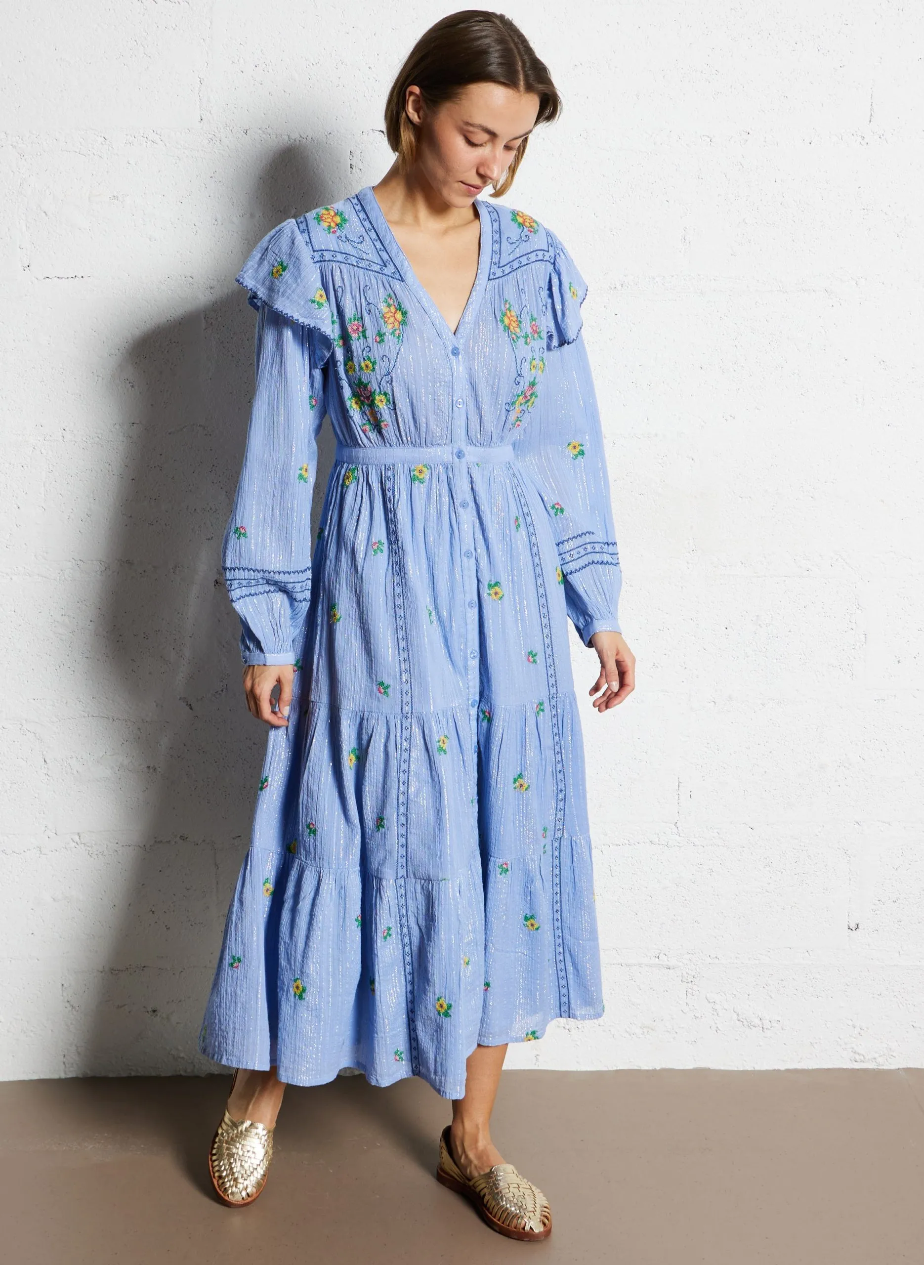 Langes Kleid aus Baumwoll-Mix mit V-Ausschnitt Blau RAMENCITA