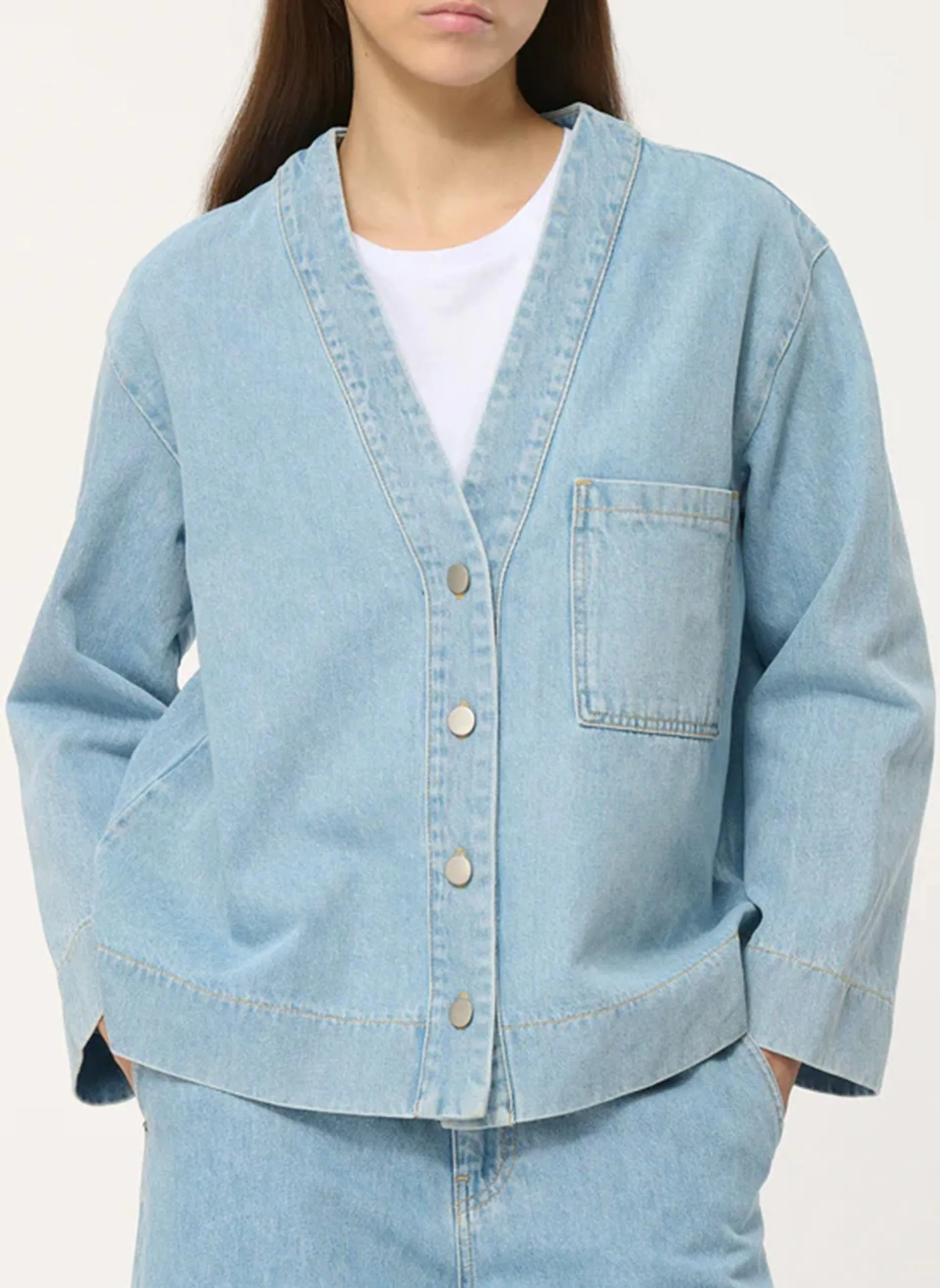 Oversize V-Ausschnitt Baumwolljacke Blau