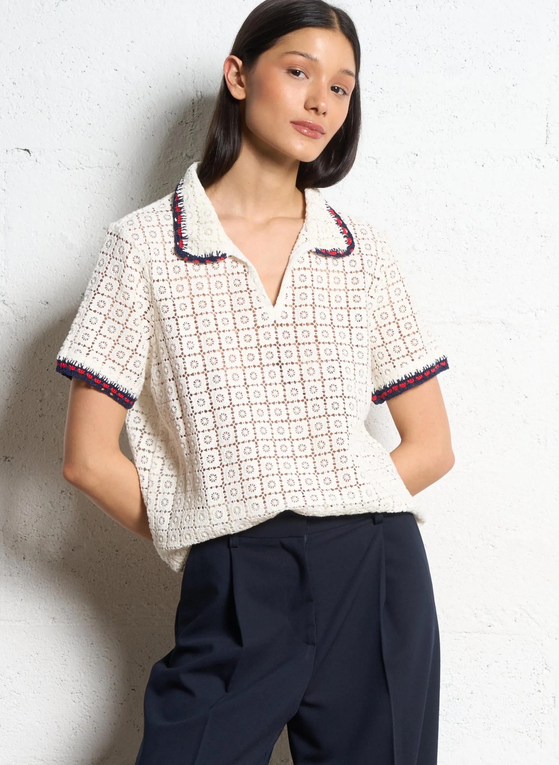 Häkel-Top mit V-Ausschnitt Weiss