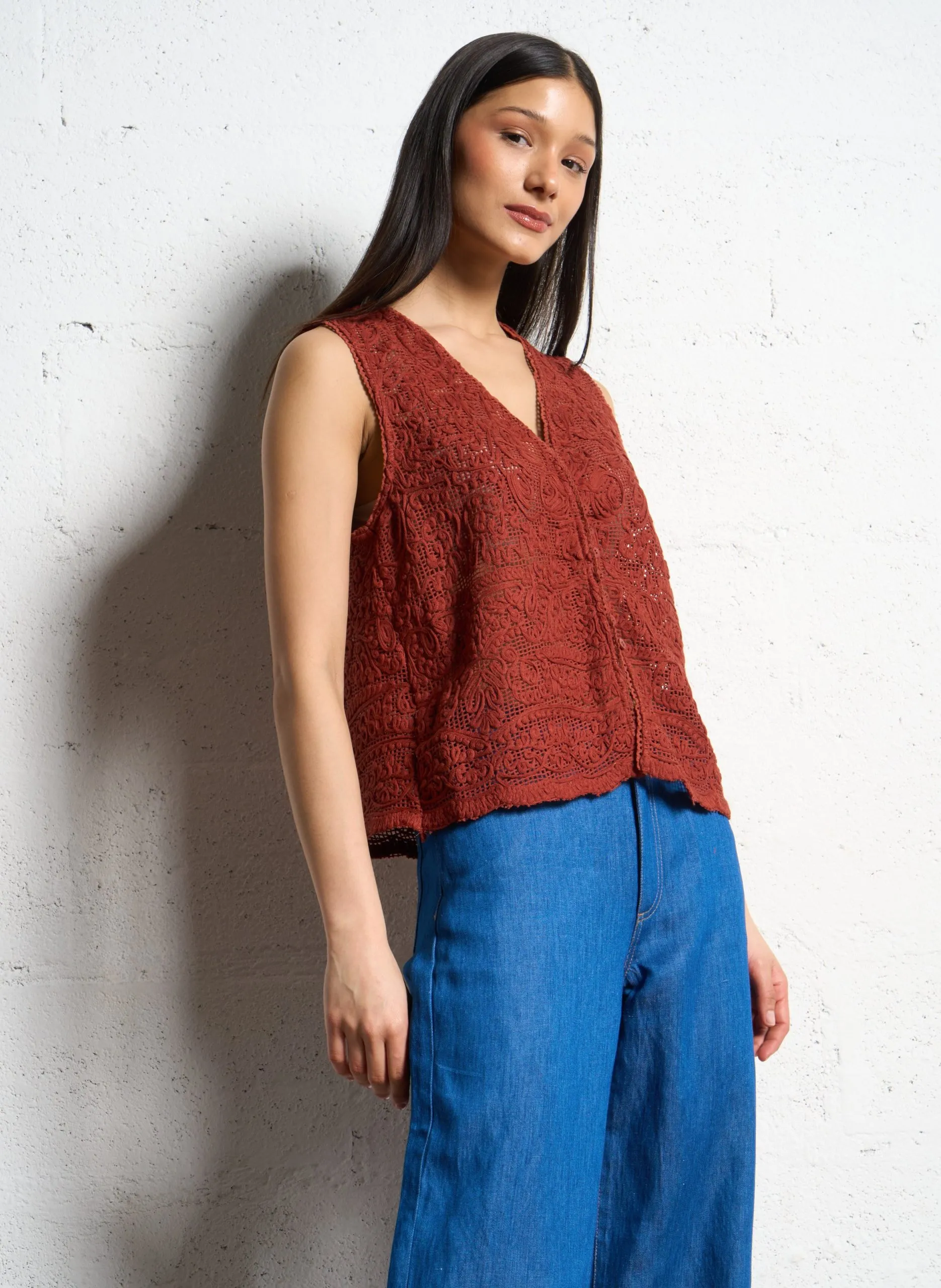 Ärmellose Jeansbluse mit klassischem Kragen Orange