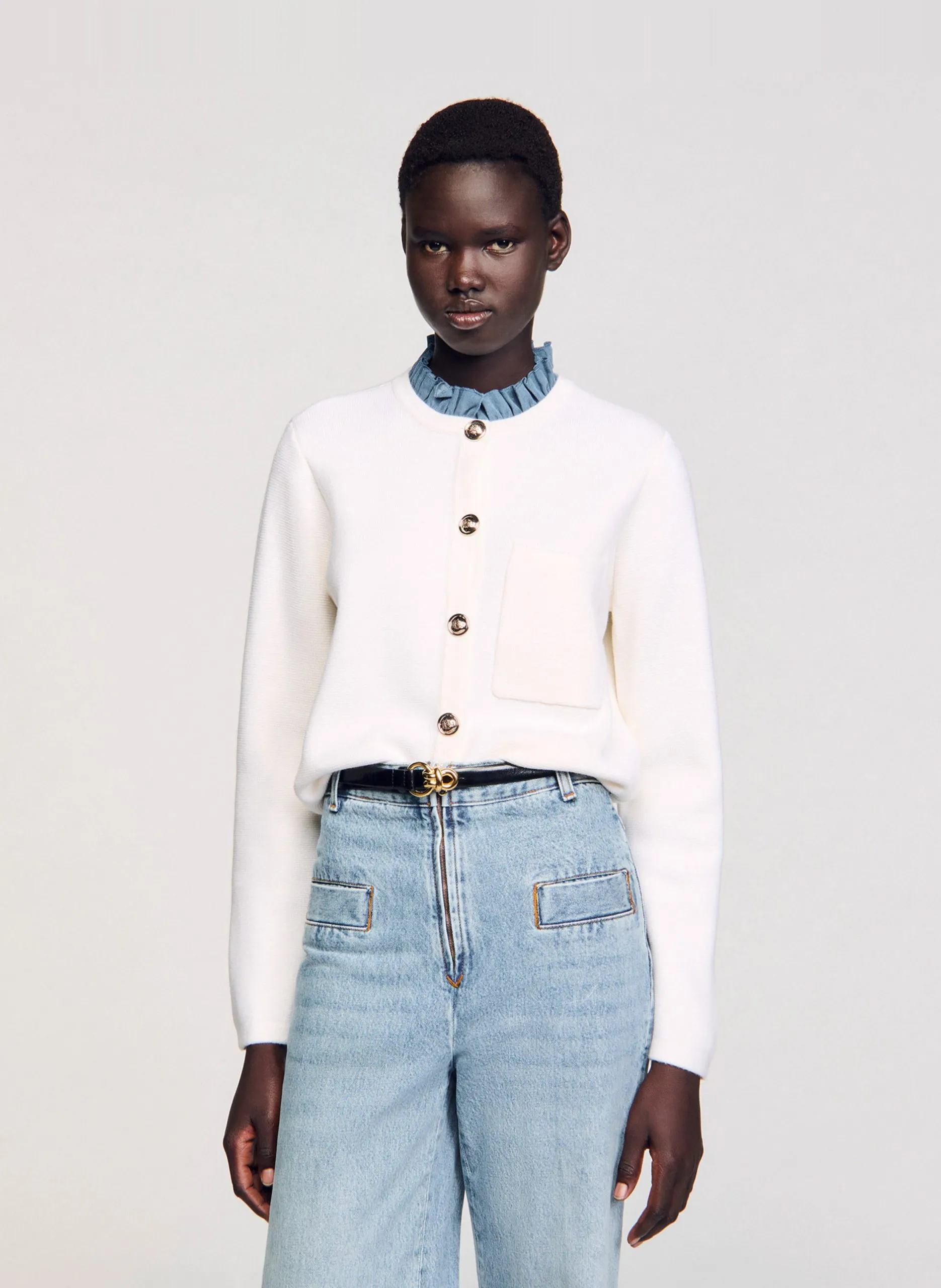 Weste mit geradem viktorianischem Kragen aus Wollmischung Weiss