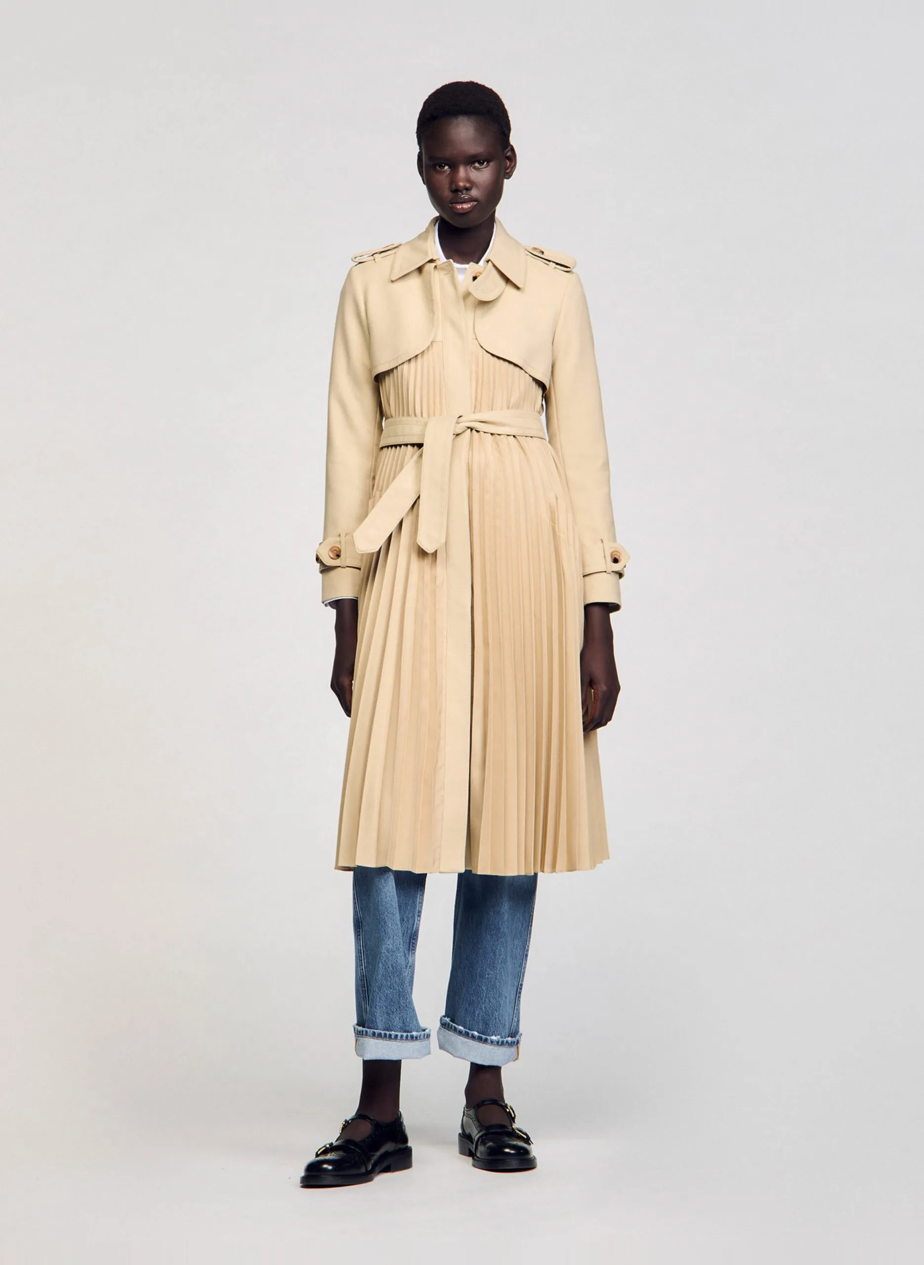 Midi-Trenchcoat mit Sonnenplissee Beige