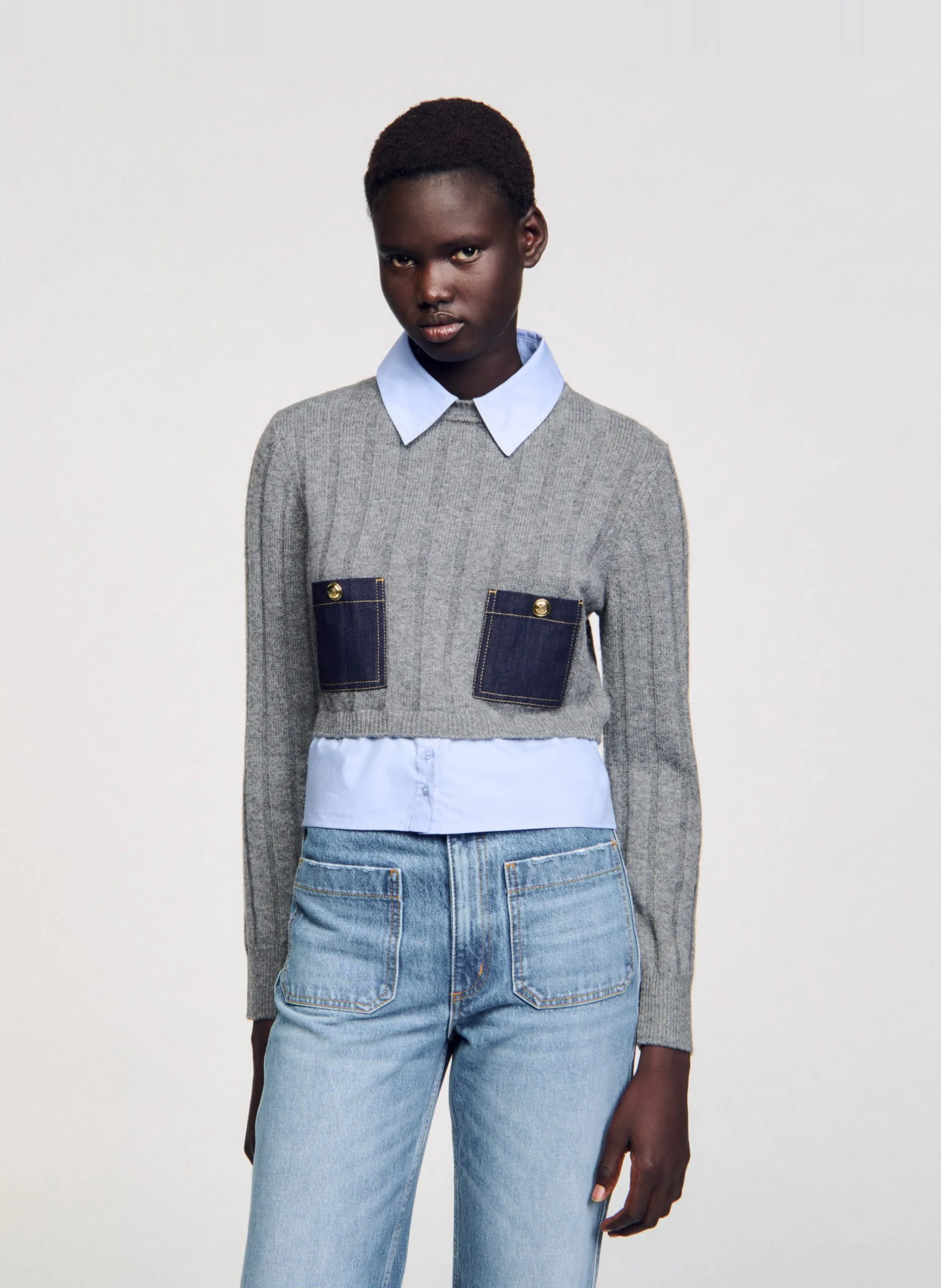 Pullover mit klassischem geradem Kragen aus Wolle und Kaschmir Grau