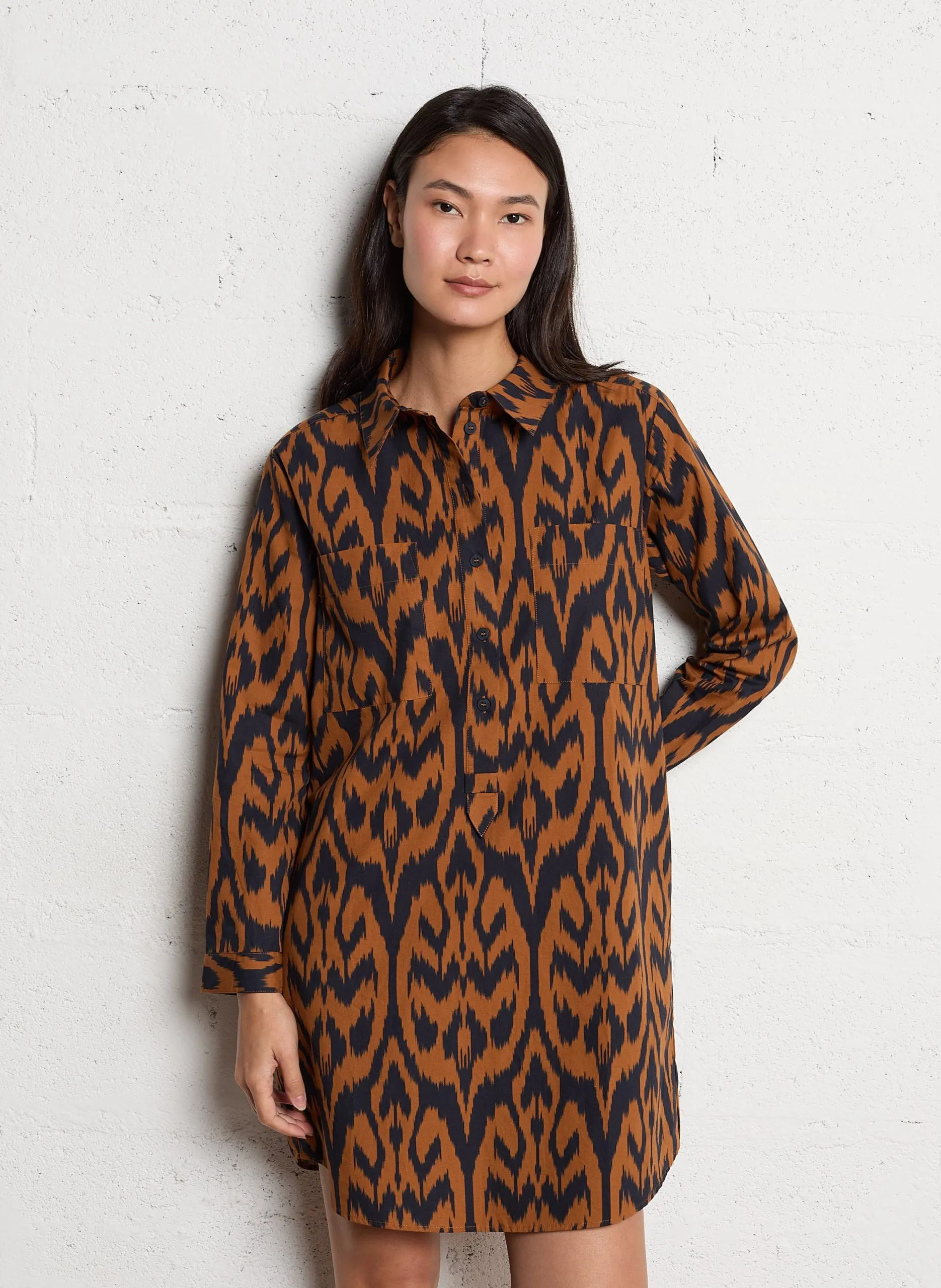 Ausgestelltes Baumwoll-Kurzkleid mit klassischem Kragen Braun LISEA